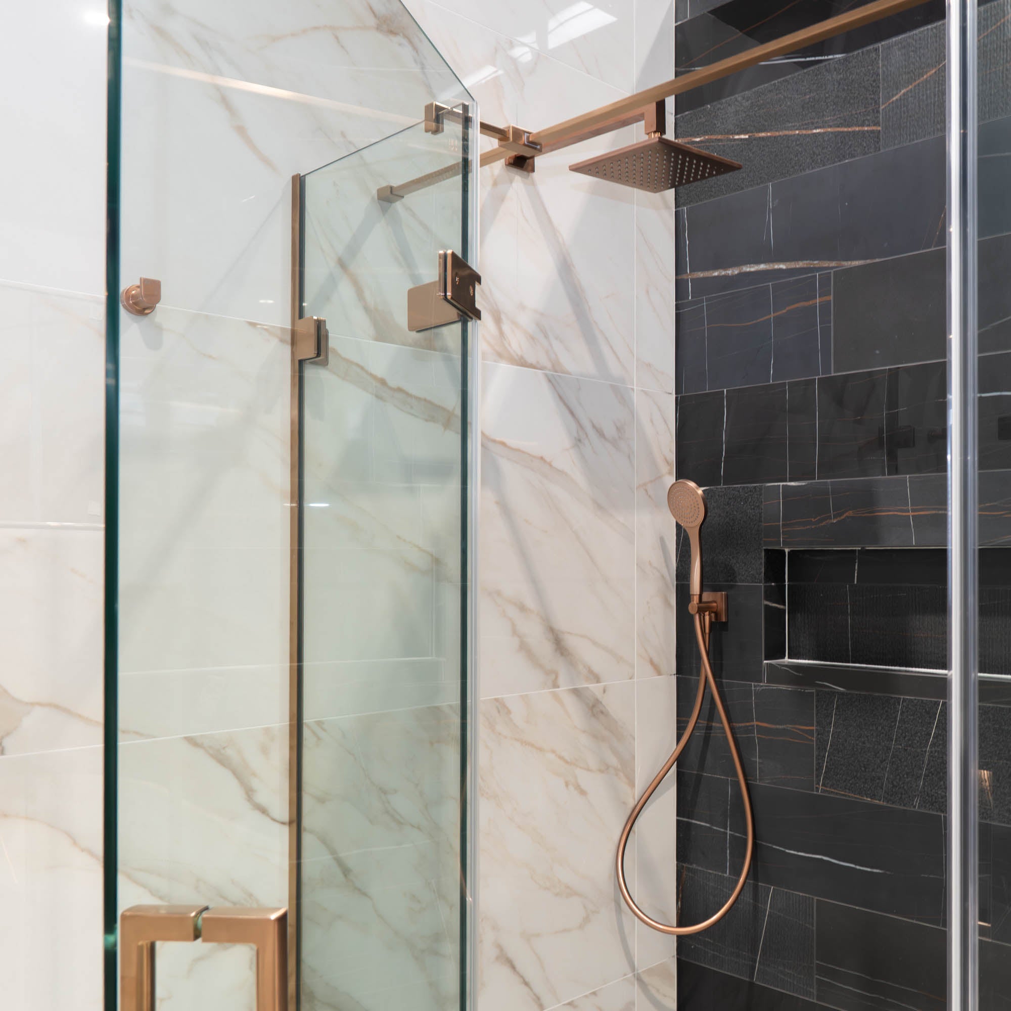 Aureo Ten Hinge And Inline Shower Door With Side Panel - Brushed Bronze