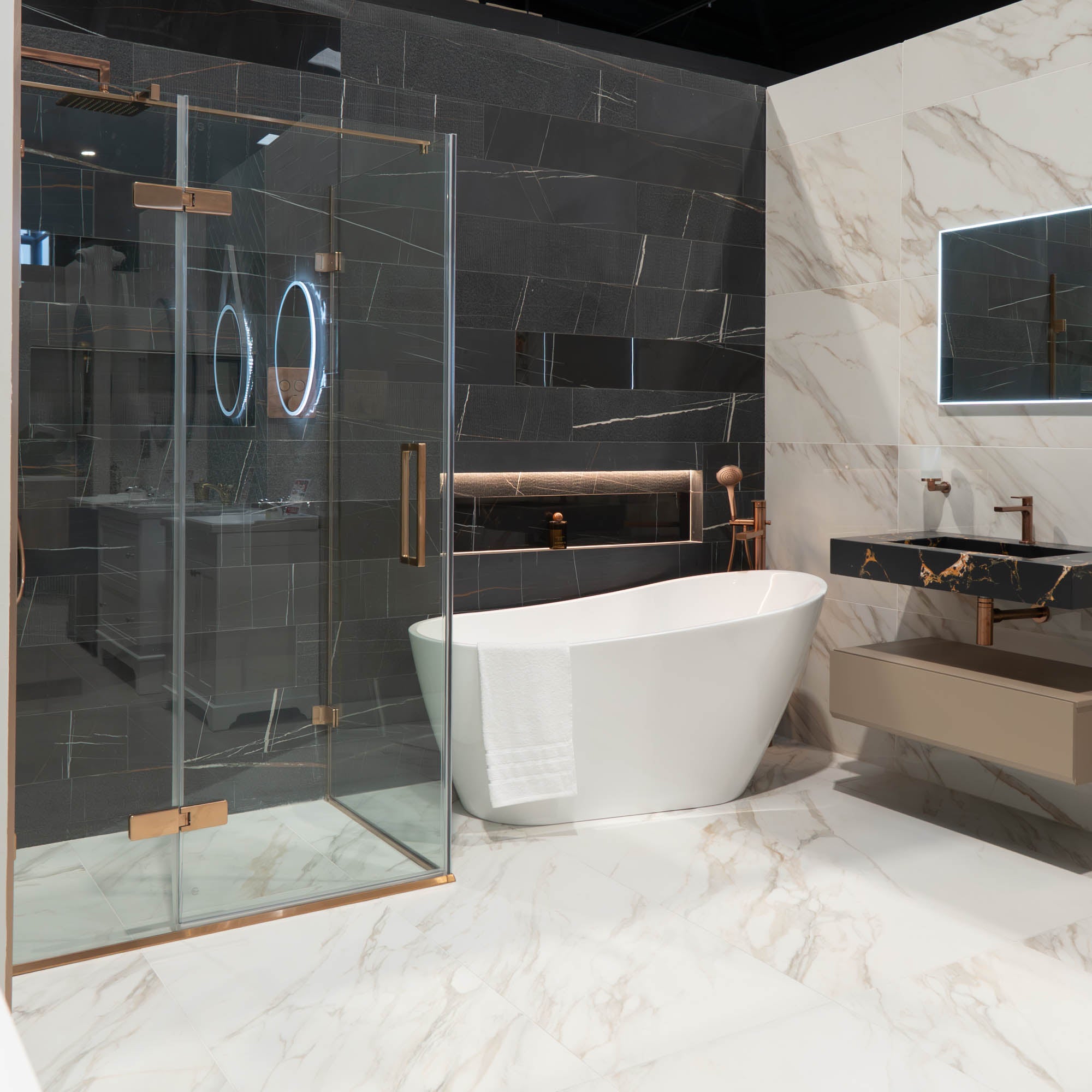 Aureo Ten Hinge And Inline Shower Door With Side Panel - Brushed Bronze