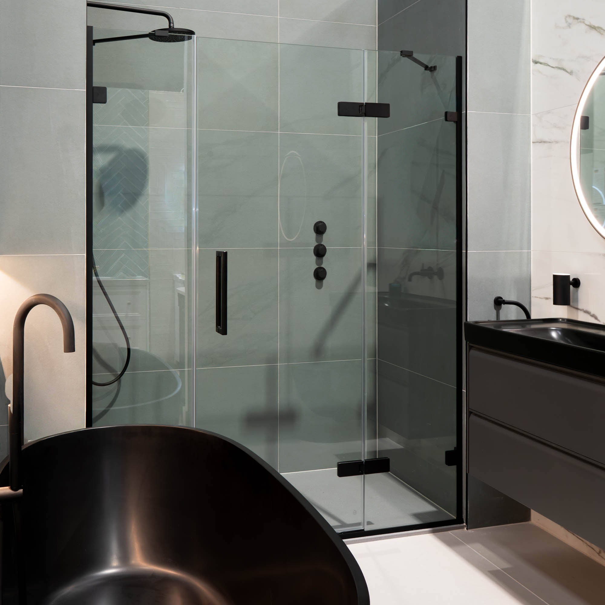Aureo Ten Hinge Shower Door And 2 Inline Panels In Recess - Matt Black