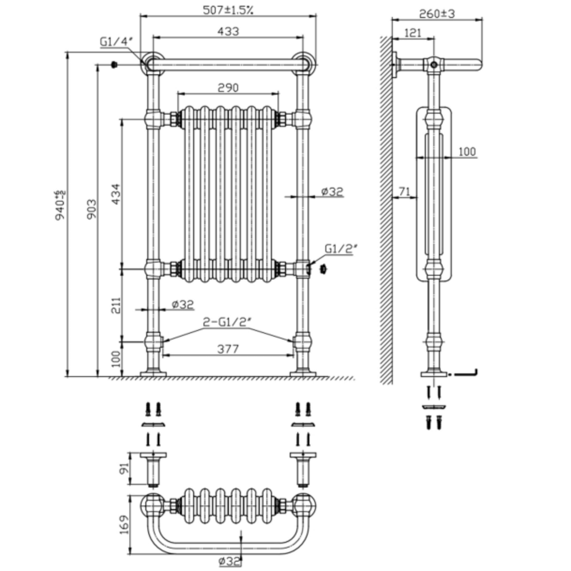 Ashbourne Traditional Radiator - Brushed Brass/Gloss White 940 x 507mm Technical Drawing