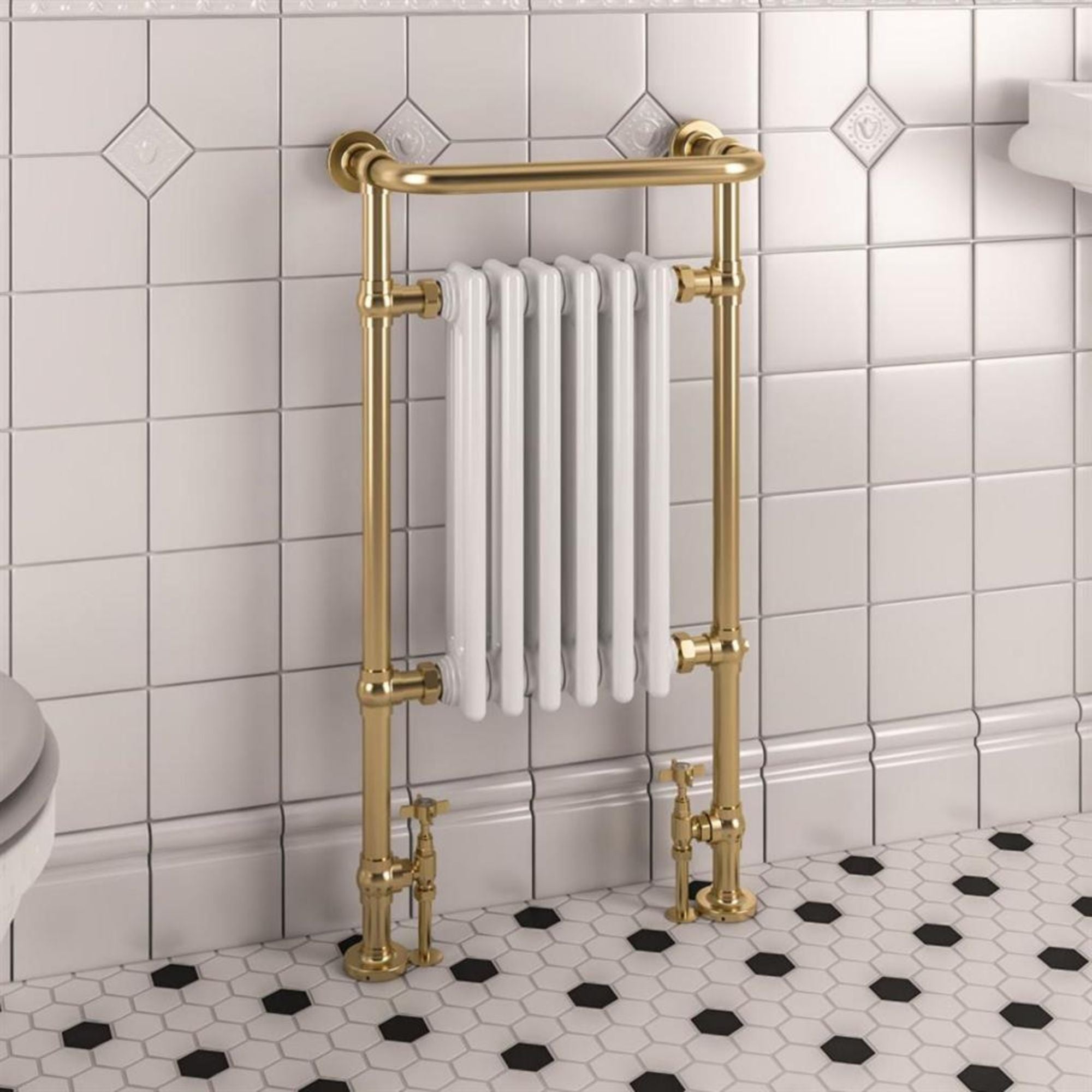 Ashbourne Traditional Towel Rail Radiator - Brushed Brass & White