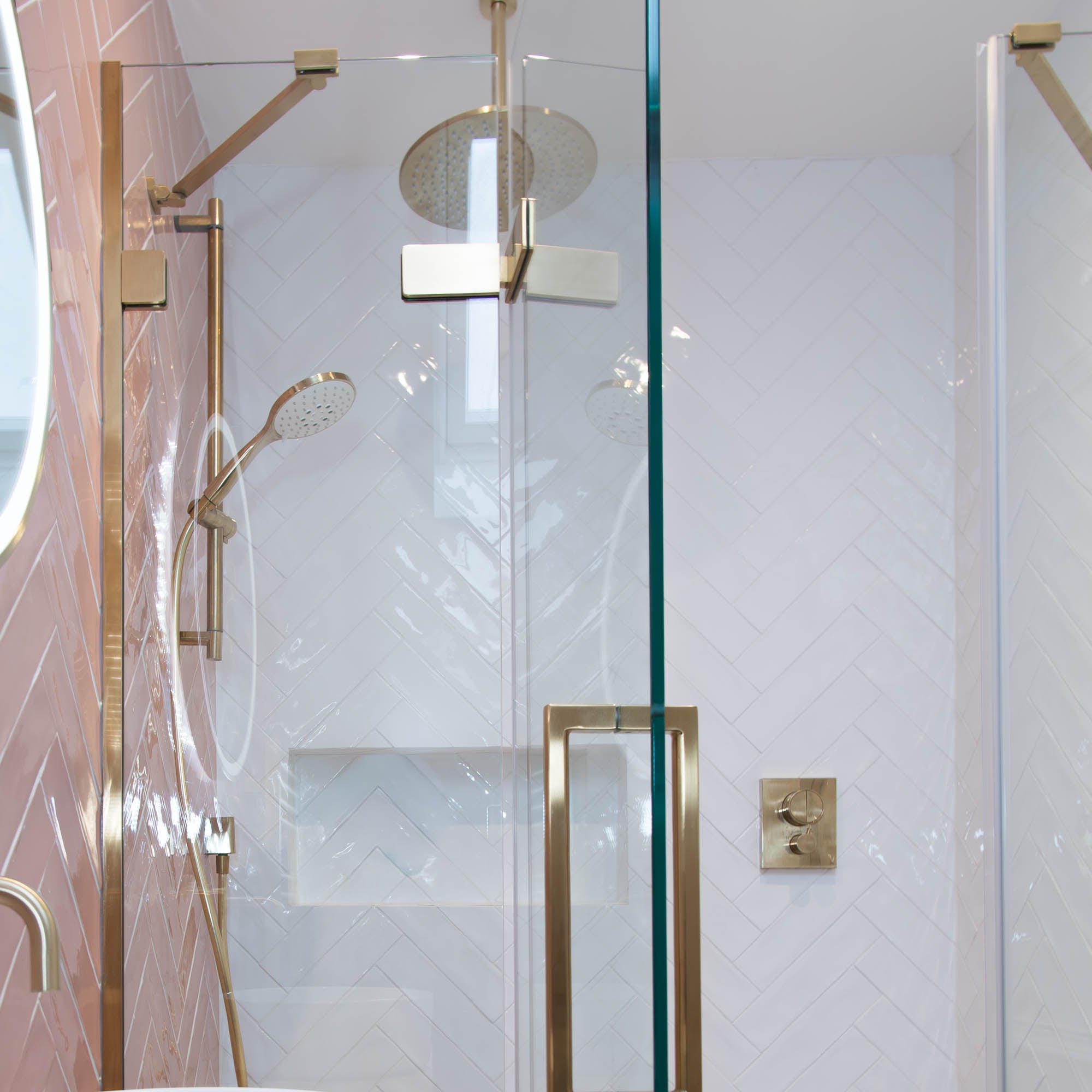 Aureo Ten Hinge And Inline Shower Door In Recess - Brushed Brass