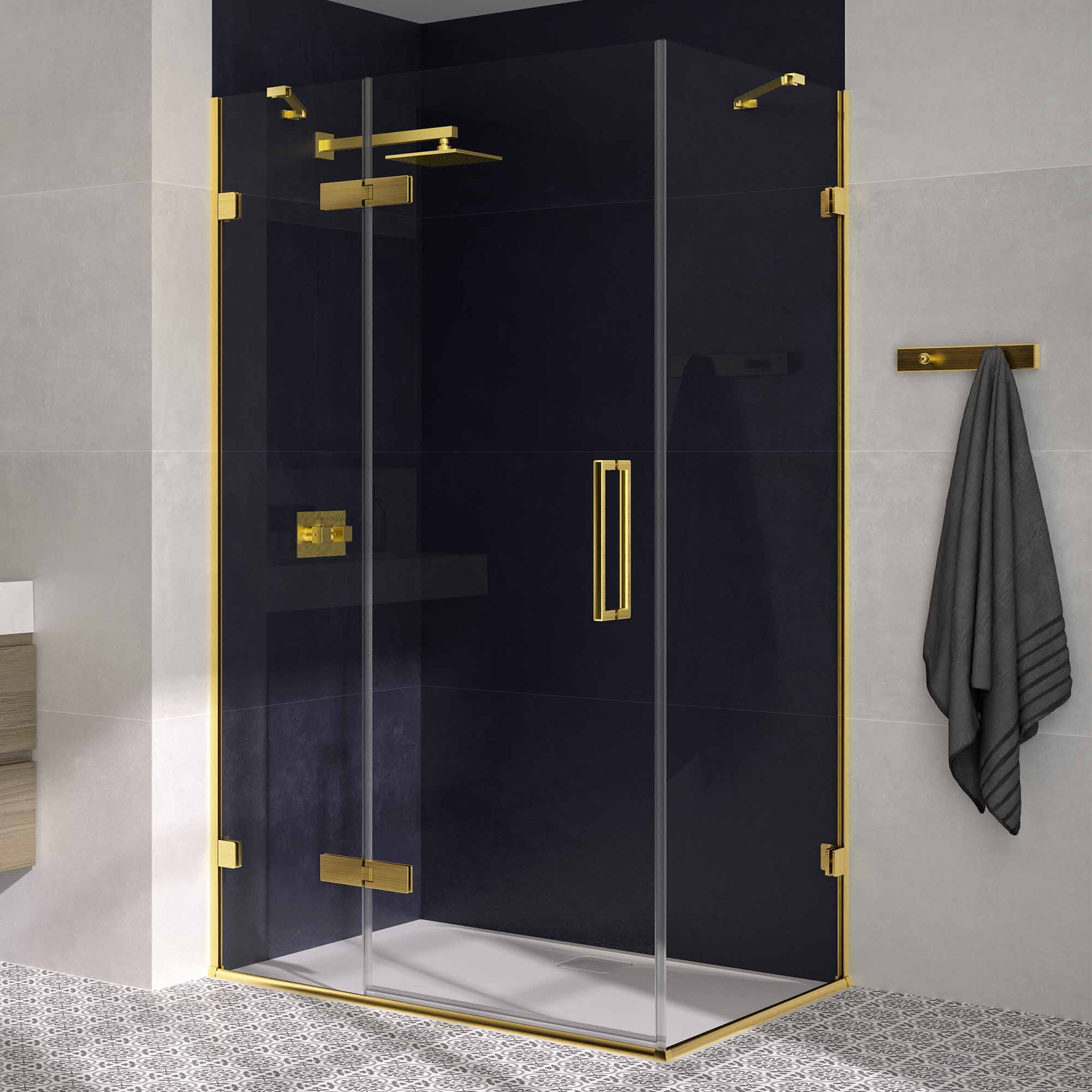 aureo ten hinge and inline shower door with side panel brushed brass