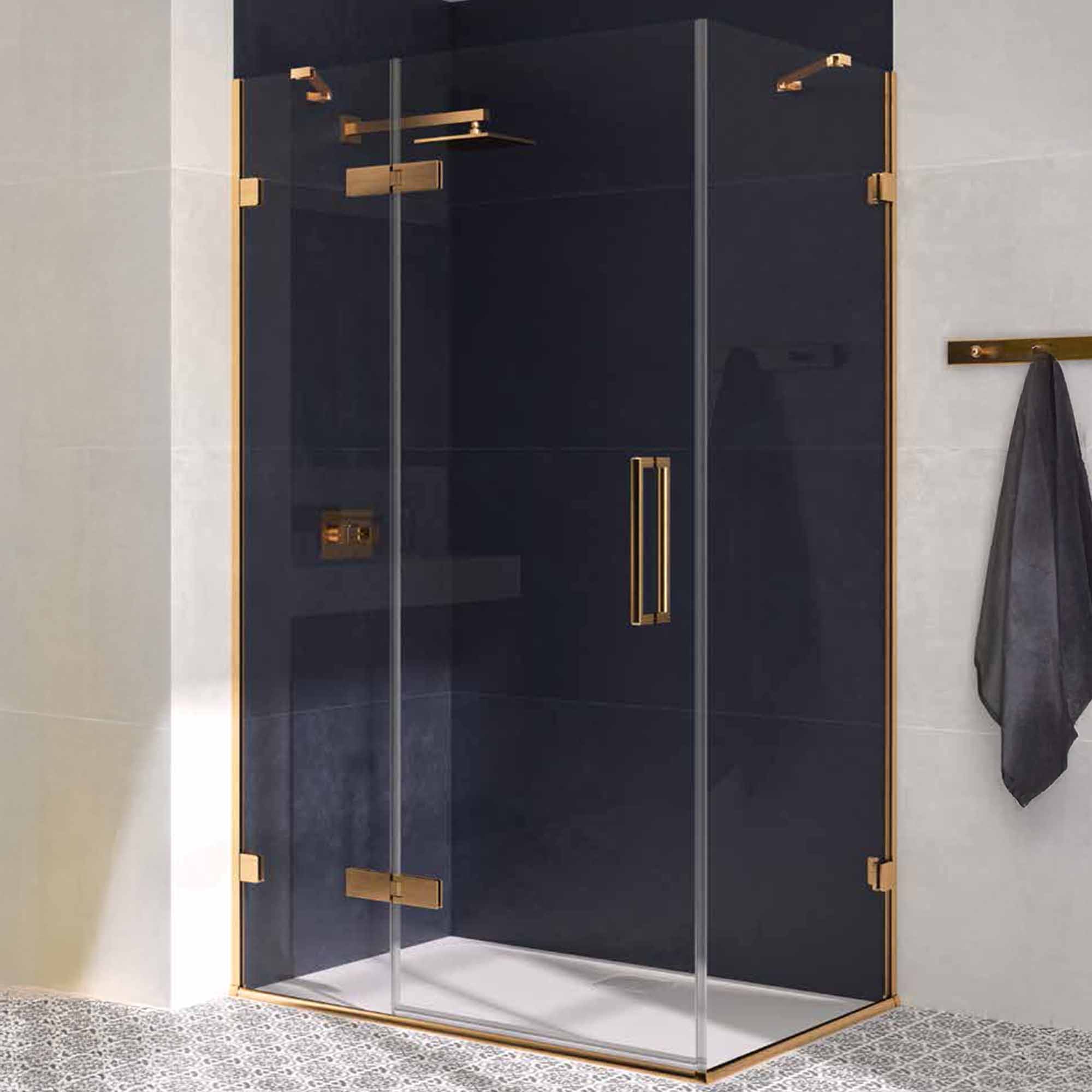 aureo ten hinge and inline shower door with side panel brushed bronze