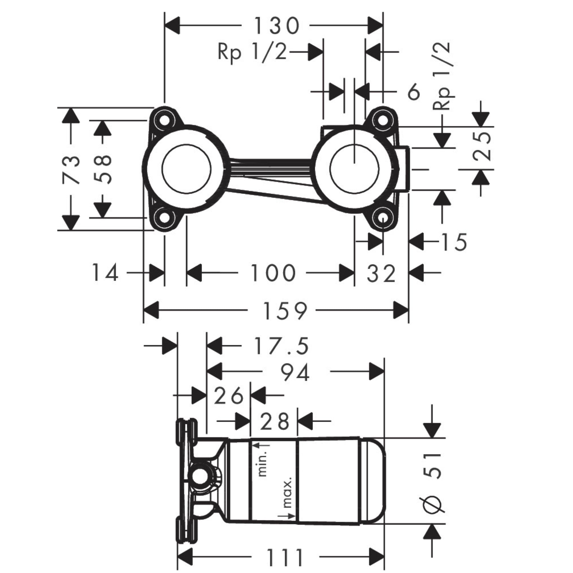 Axor Basic Set Wall Mounted 2 Hole Basin Mixer Tap Technical Drawing