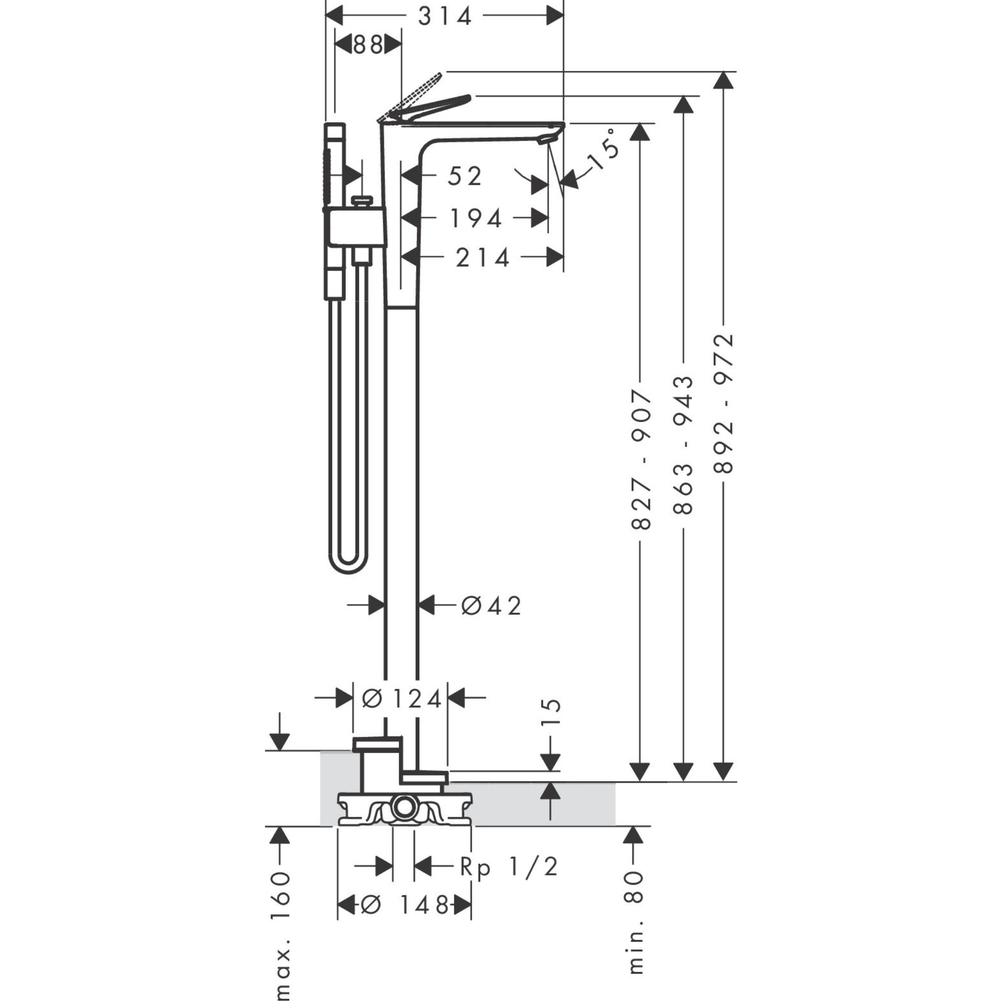 Axor Citterio C Floorstanding Bath Shower Mixer With Handset Cubic Cut Technical Drawing