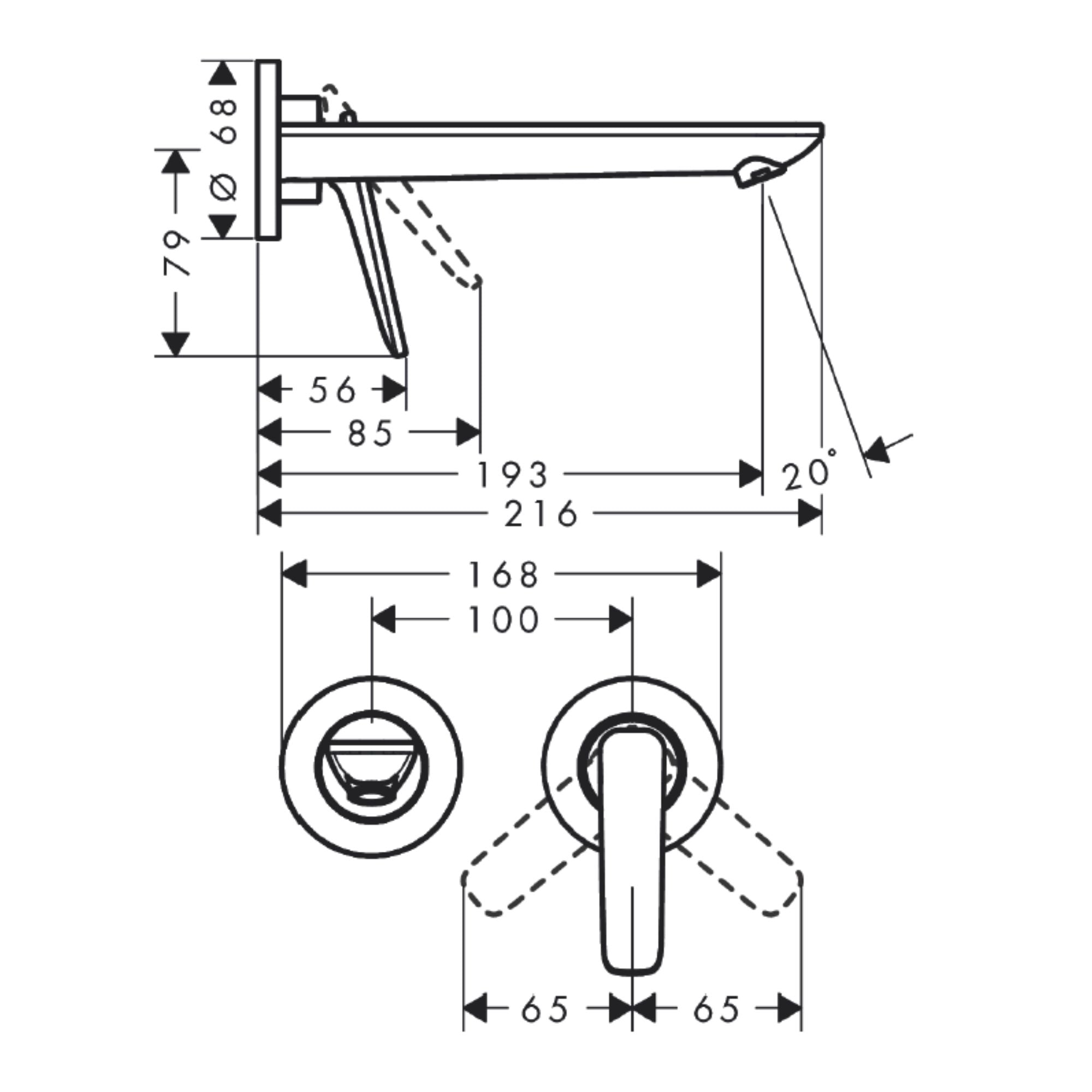 Axor Citterio C Wall Mounted 2 Hole Basin Mixer Tap Cubic Cut Technical Drawing
