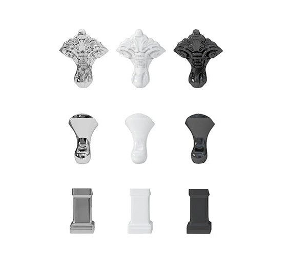 Nine decorative wall bath legs arranged in a 3x3 grid on a plain white background, shown in three finishes: silver, white, and black. Each set includes ornate, sculptural, and minimalist design
