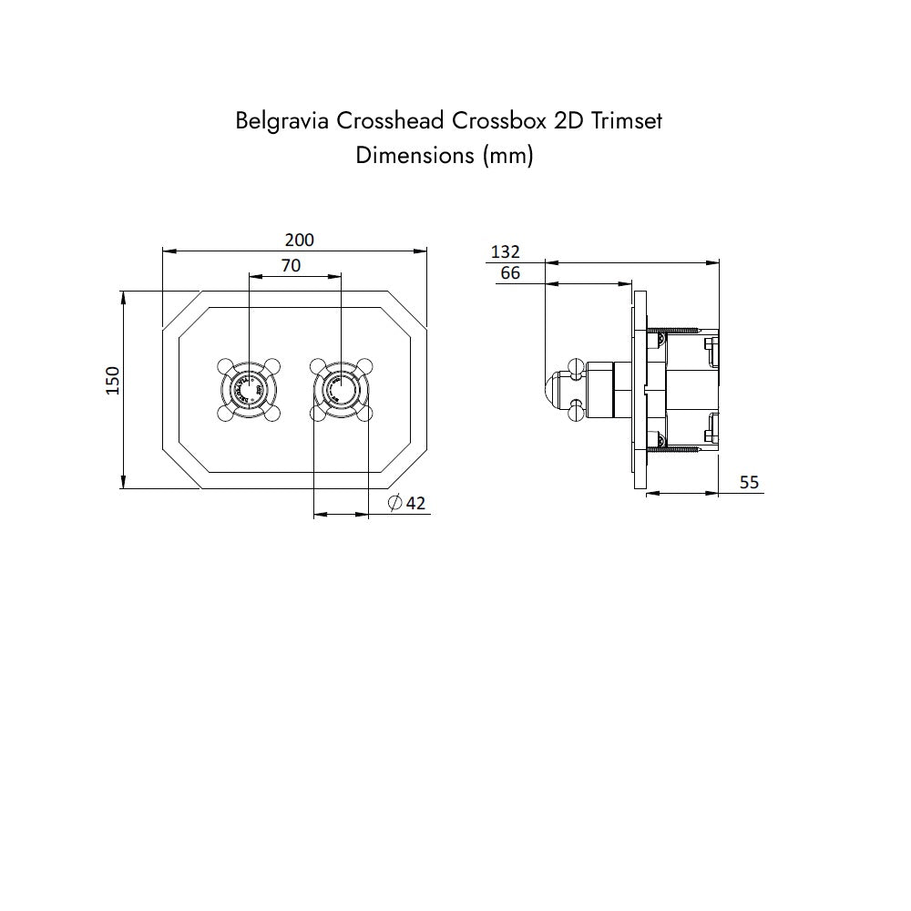 Dimensions diagram of the Belgravia Crosshead Crossbox Trimset, supplied by Deluxe Bathrooms Ireland.