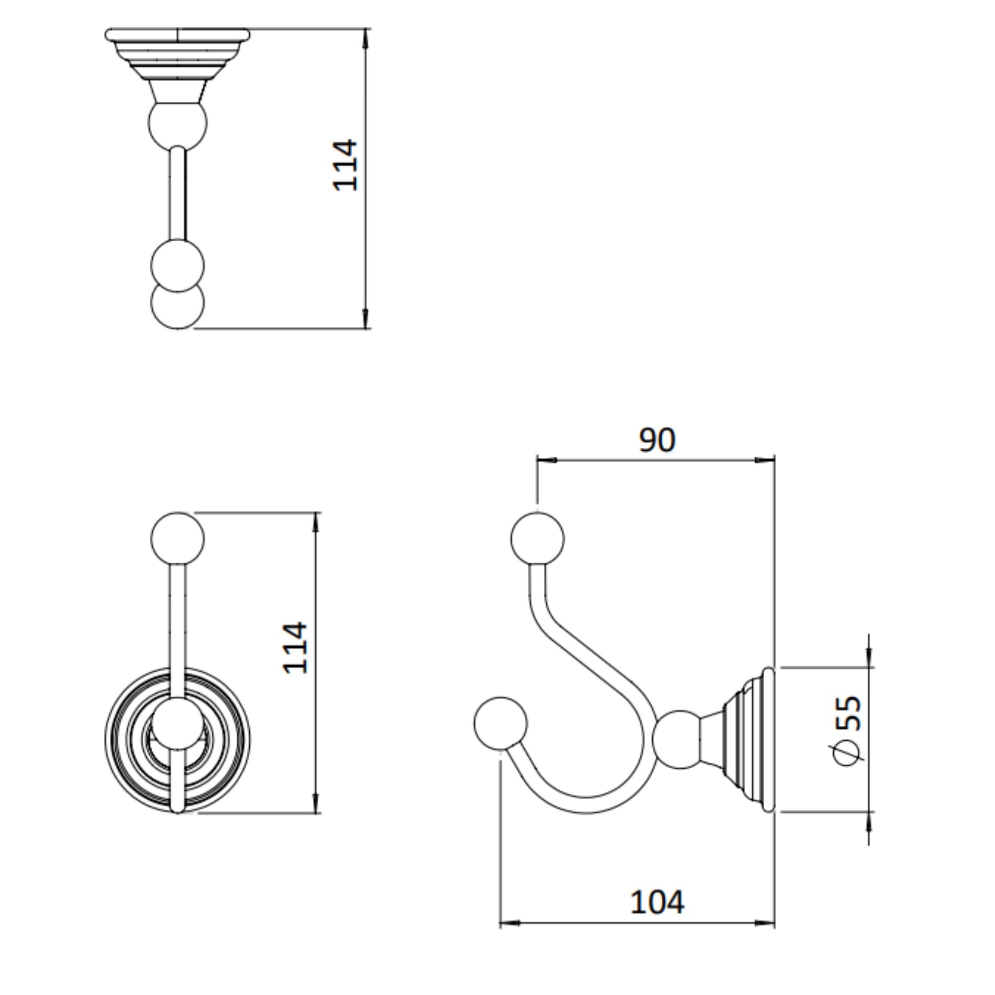 Crosswater Belgravia Double Robe Hook Technical Drawing