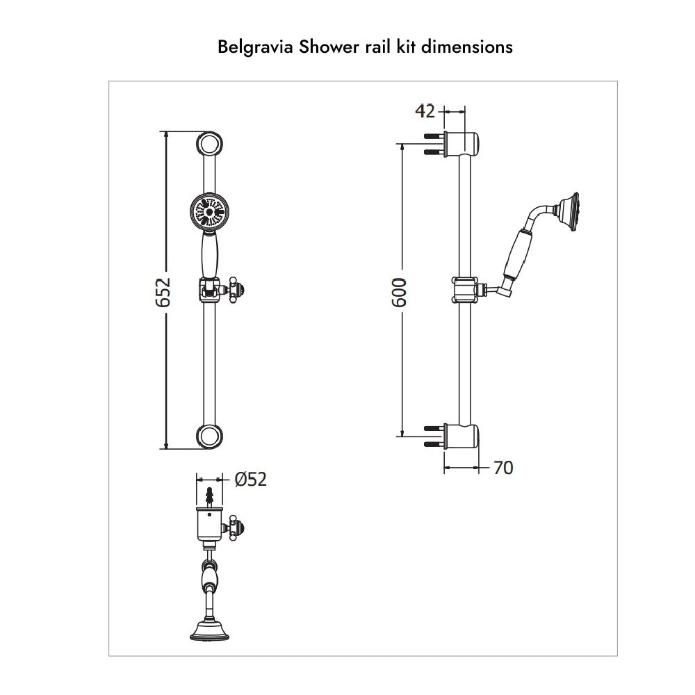 Diagram of the Belgravia Shower Rail kit dimensions, supplied by Deluxe Bathrooms Ireland.