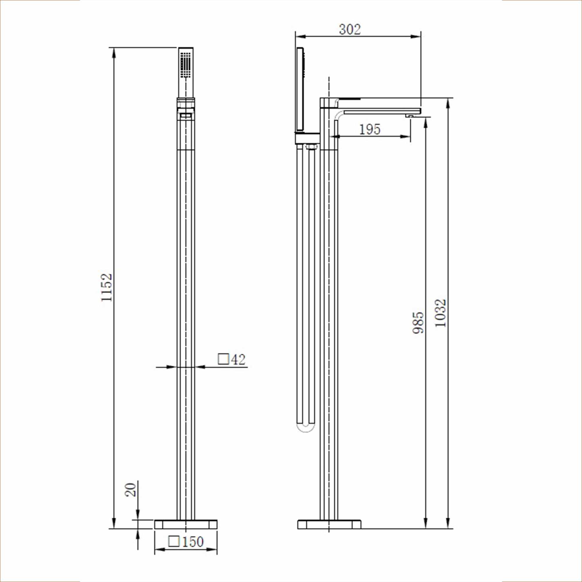 brisbane square single lever floorstanding bath shower mixer close up dimensions