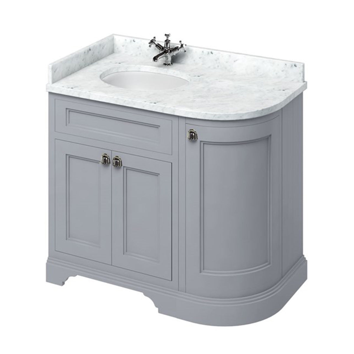 burlington 1000 LH curved freestanding 2 door vanity unit with basin and carrara marble worktop classic grey
