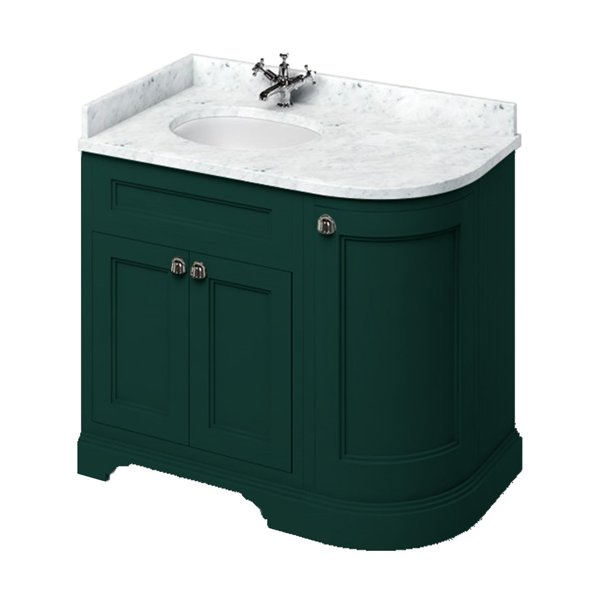 burlington 1000 LH curved freestanding 2 door vanity unit with basin and carrara marble worktop matt green