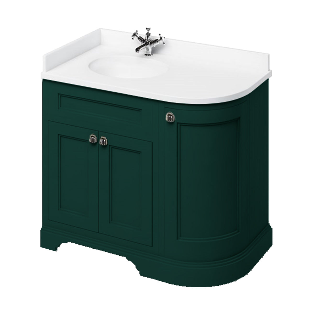 burlington 1000 LH curved freestanding 2 door vanity unit with basin and white worktop matt green