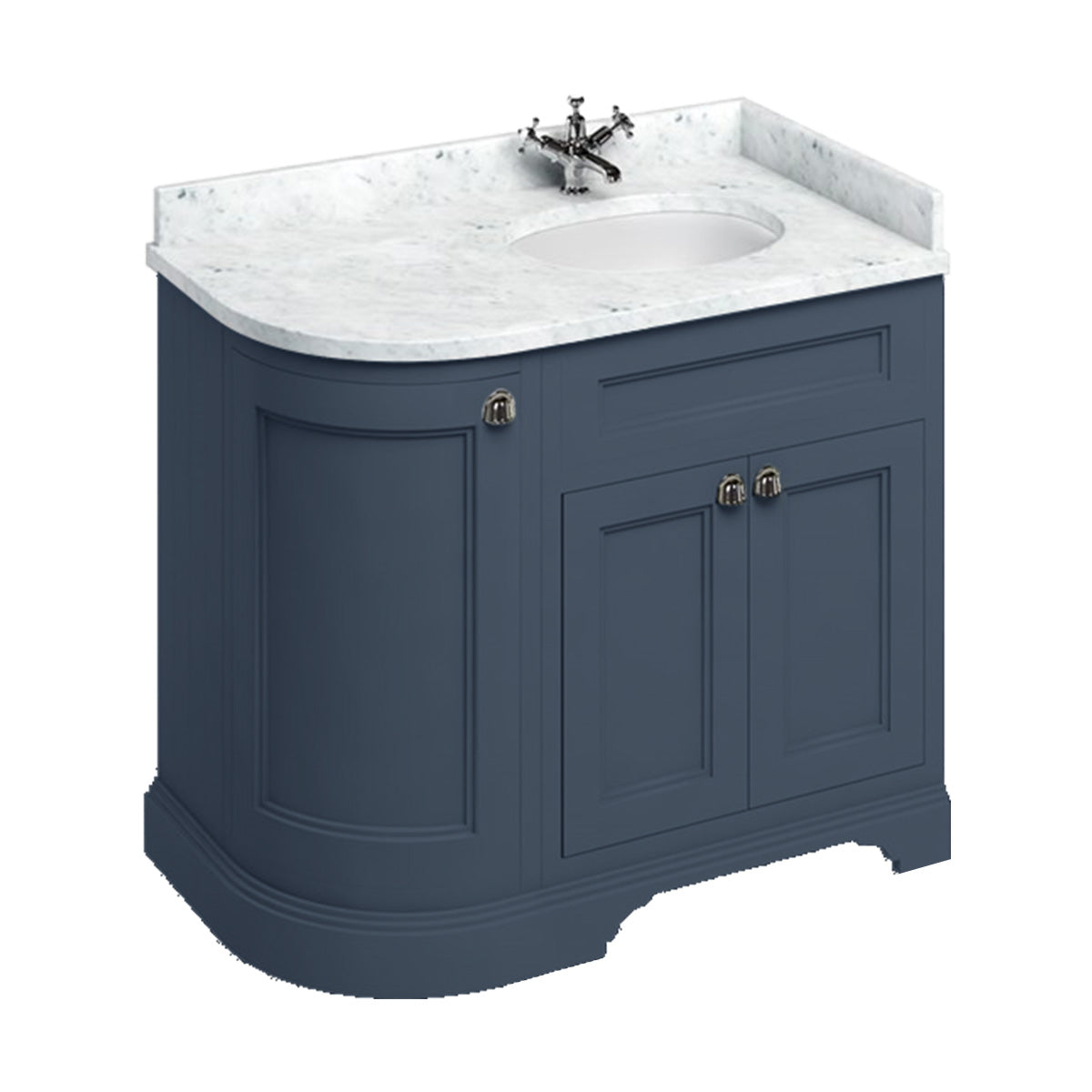 burlington 1000 RH curved freestanding 2 door vanity unit with basin and carrara marble worktop lifestyle matt blue