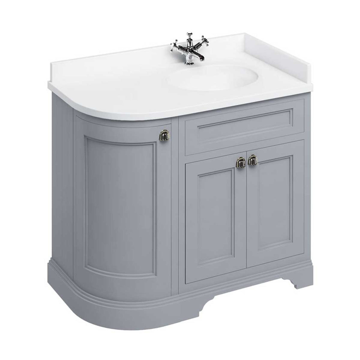 burlington 1000 RH curved freestanding 2 door vanity unit with basin and white worktop classic grey