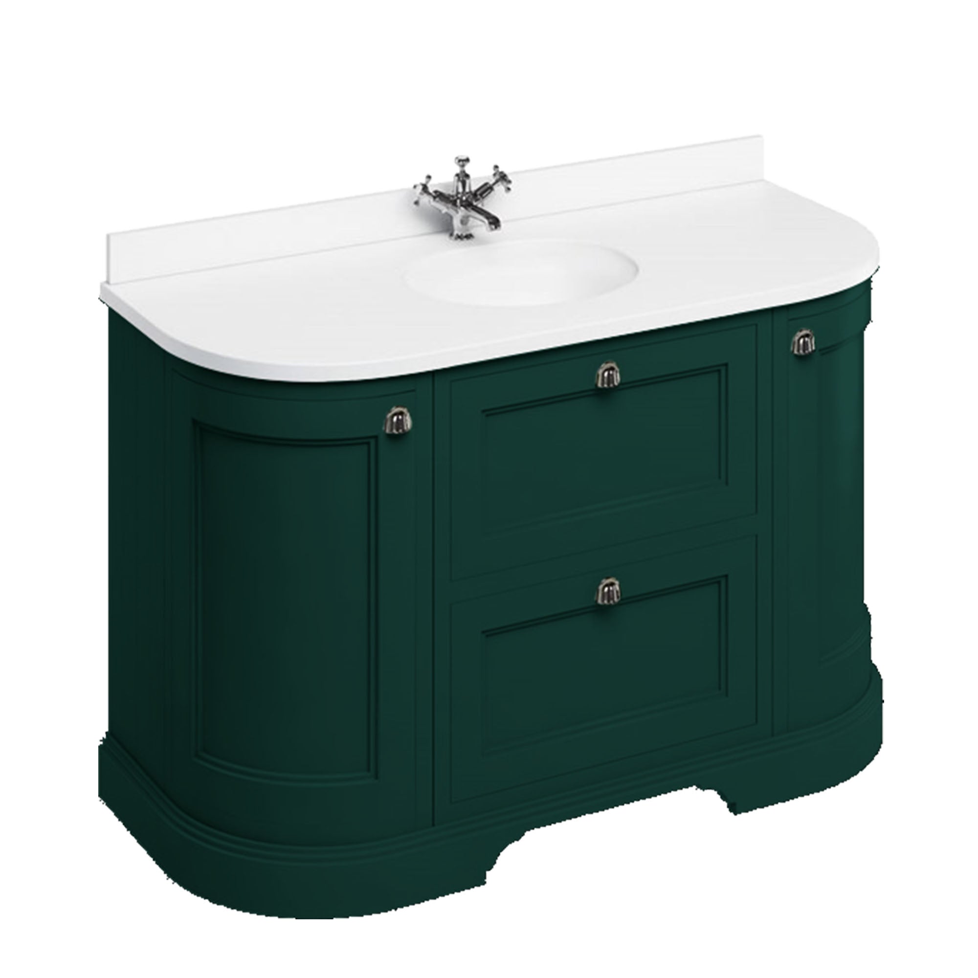 burlington 1340 freestanding 2 drawer curved vanity unit with white worktop and basin matt green