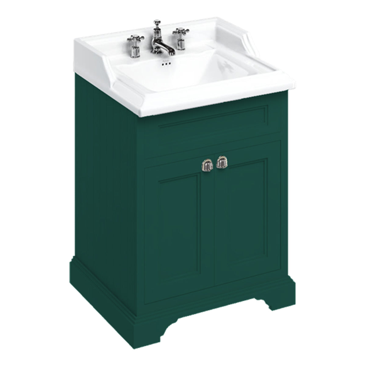 burlington 650 freestanding 2 door vanity unit with classic basin 3th matt green