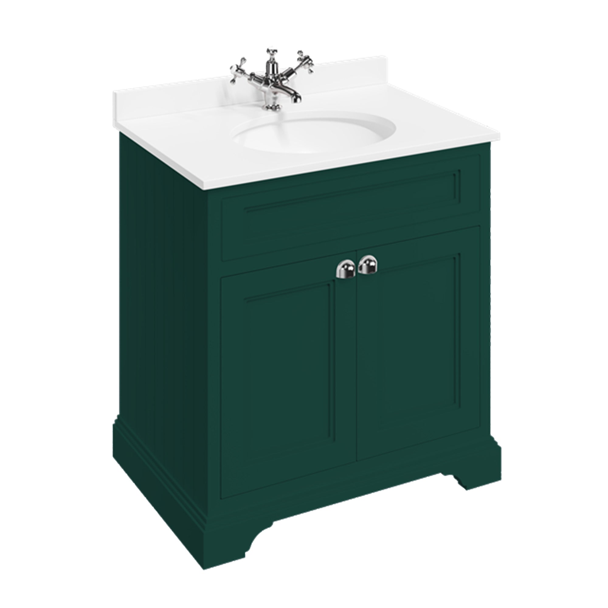 burlington 750 freestanding 2 door vanity unit with basin and white worktop matt green