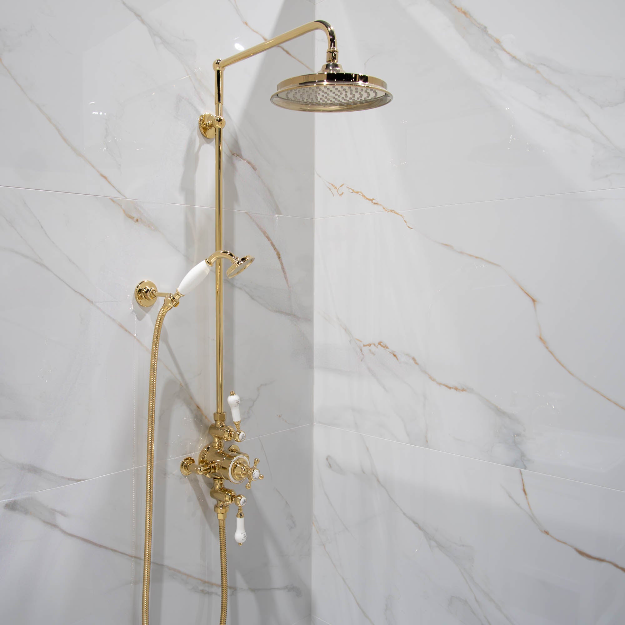 Burlington Avon Exposed Thermostatic Rigid Riser Shower with 2 Outlet Valve, Shower Head and Handset - Polished Gold