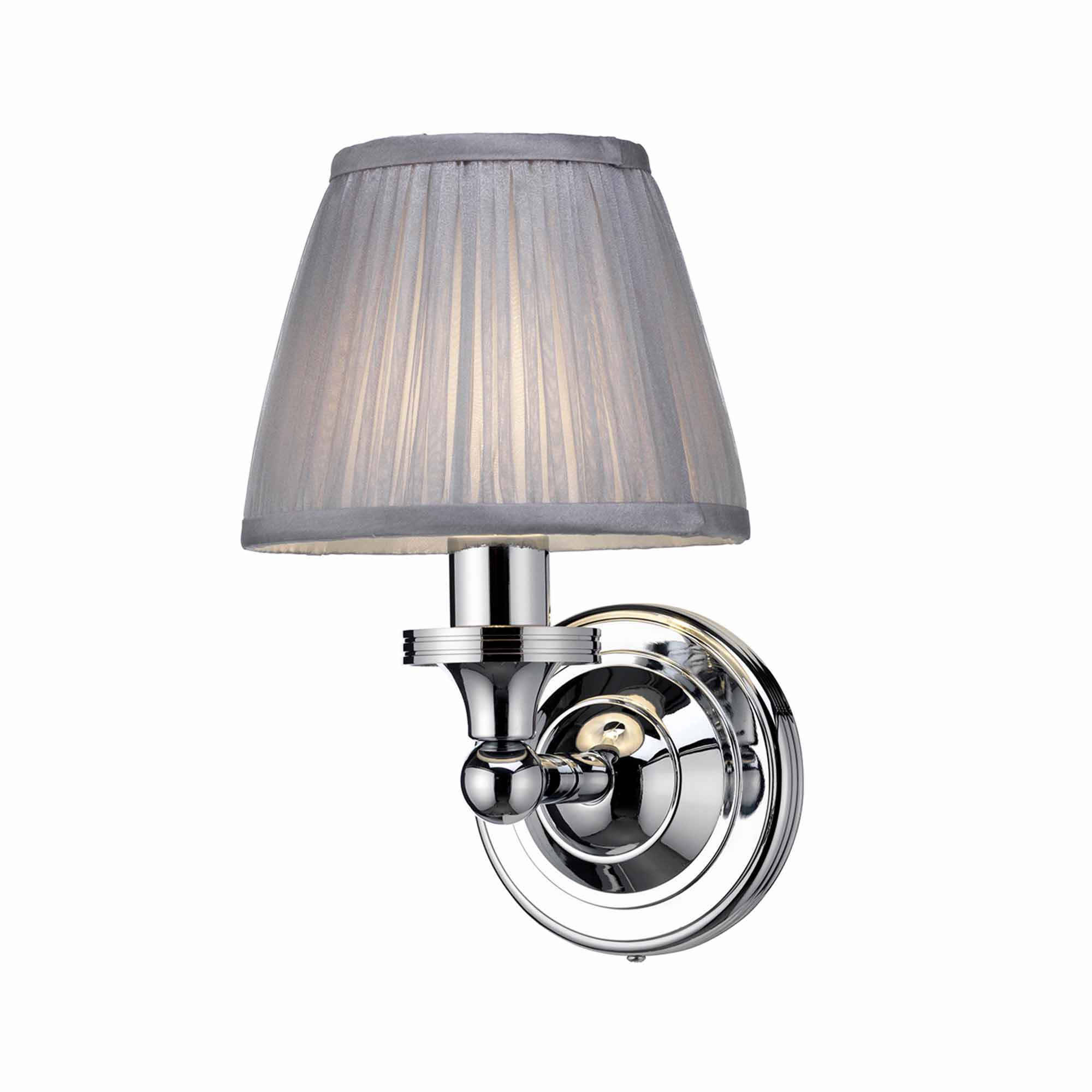 burlington bathroom round wall light with chrome base silver chiffon shade chrome
