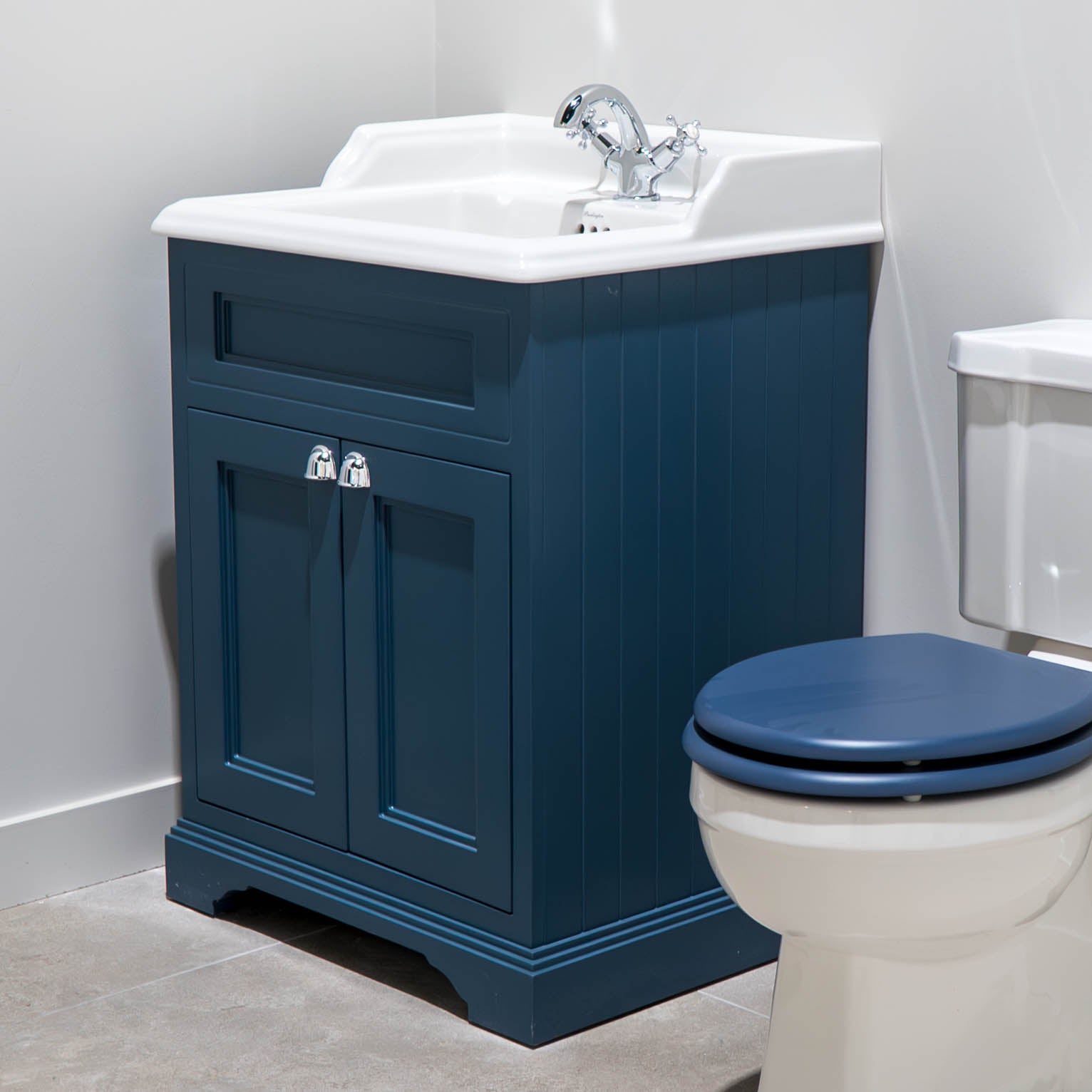 Burlington Floor Standing 650 Matt Blue Two Door Vanity Unit and Basin With Overflow Deluxe Bathrooms Ireland