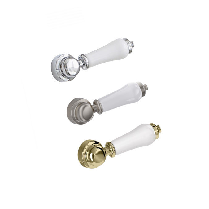 Burlington toilet lever options in chrome, brushed nickel and gold finishes.