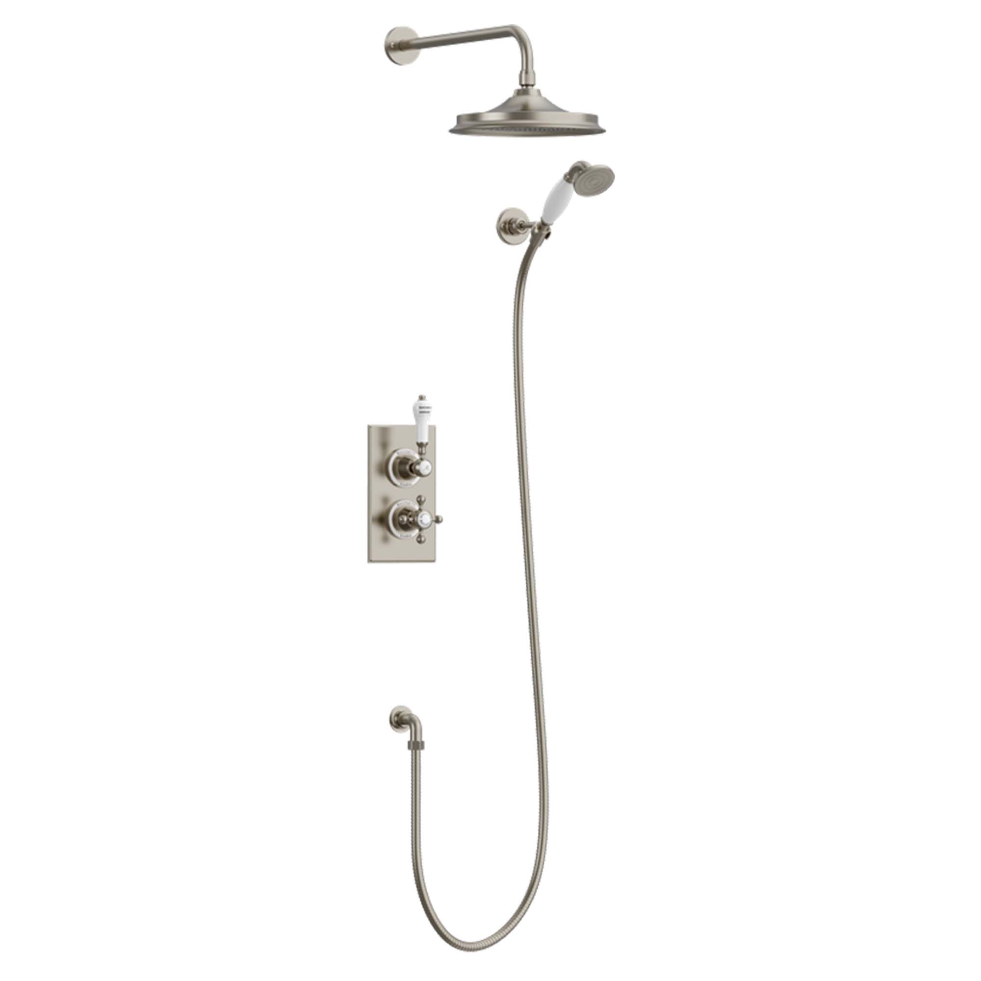 burlington trent dual outlet shower valve with shower handset and overhead brushed nickel