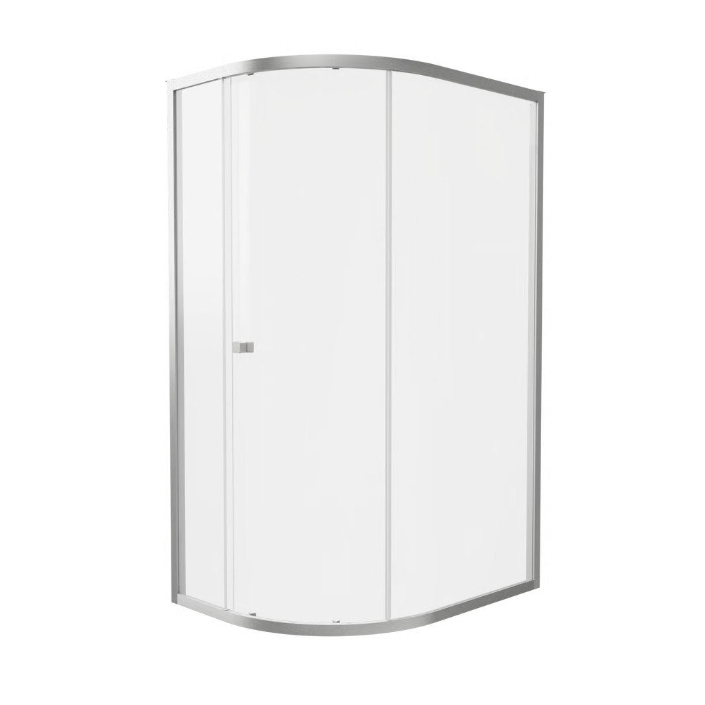 Crosswater Clear 6 shower door offset quadrant enclosure with clear glass panels and a brushed nickel finished frame, supplied by Deluxe Bathrooms.