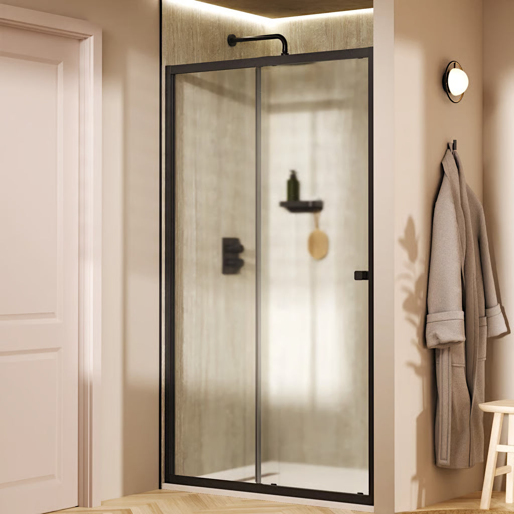 Crosswater Clear 6 slide shower door in a slate colour finish, supplied by Deluxe Bathrooms.