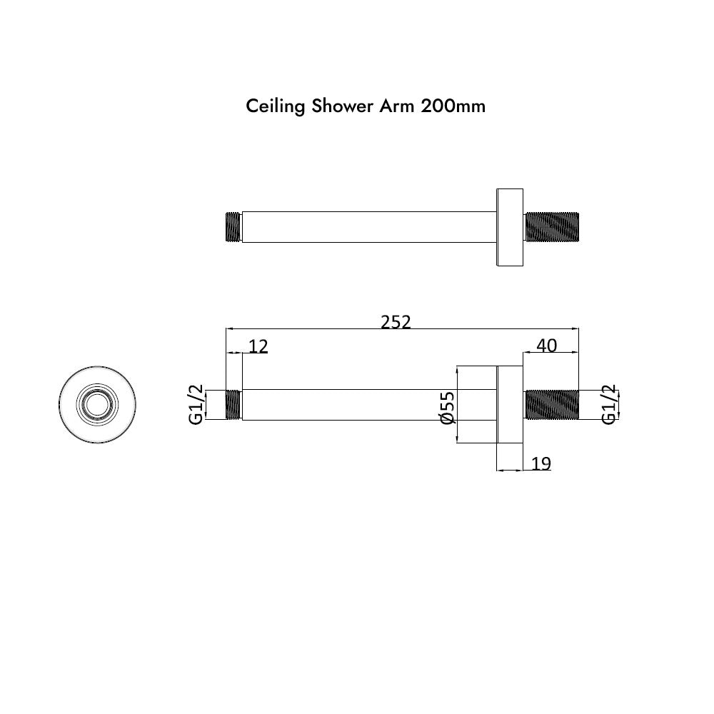 Diagram of the dimensions for the Belgravia Ceiling Shower Arm 200mm supplied by Deluxe Bathrooms Ireland.
