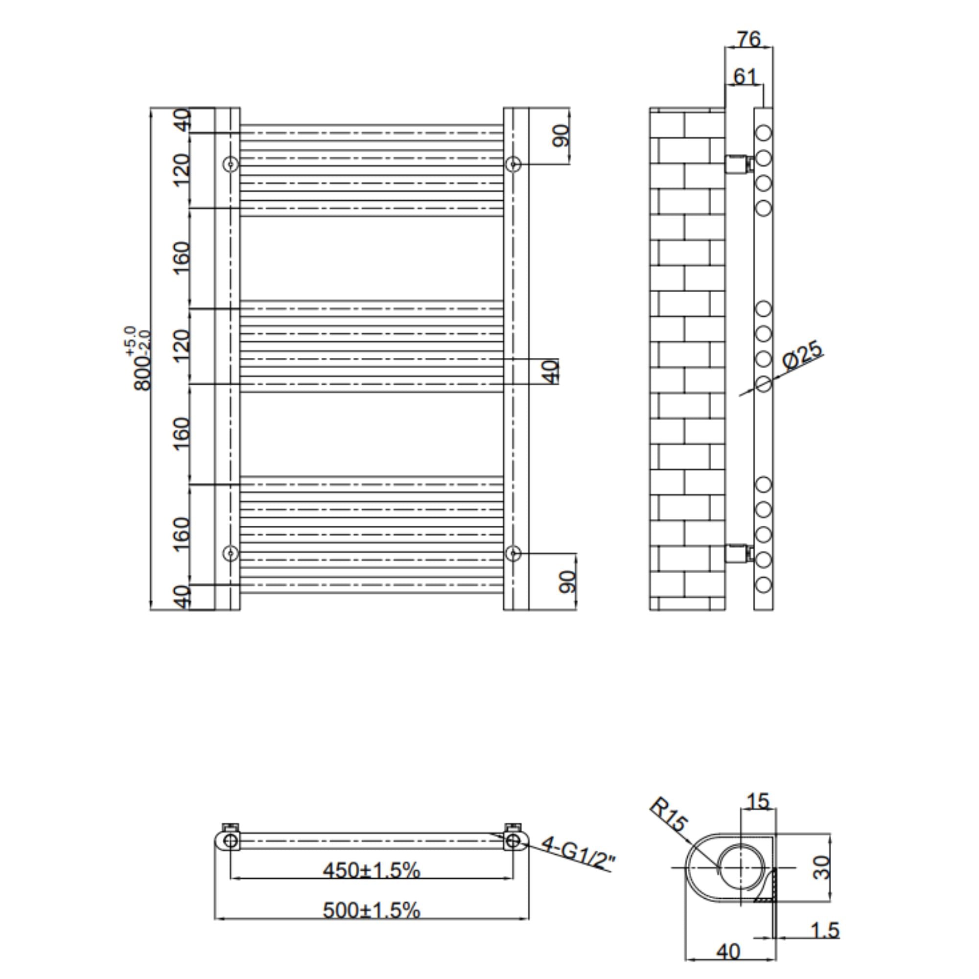 Como Aromawell Heated Towel Rail - Brushed Bronze 800x500mm Dimensions