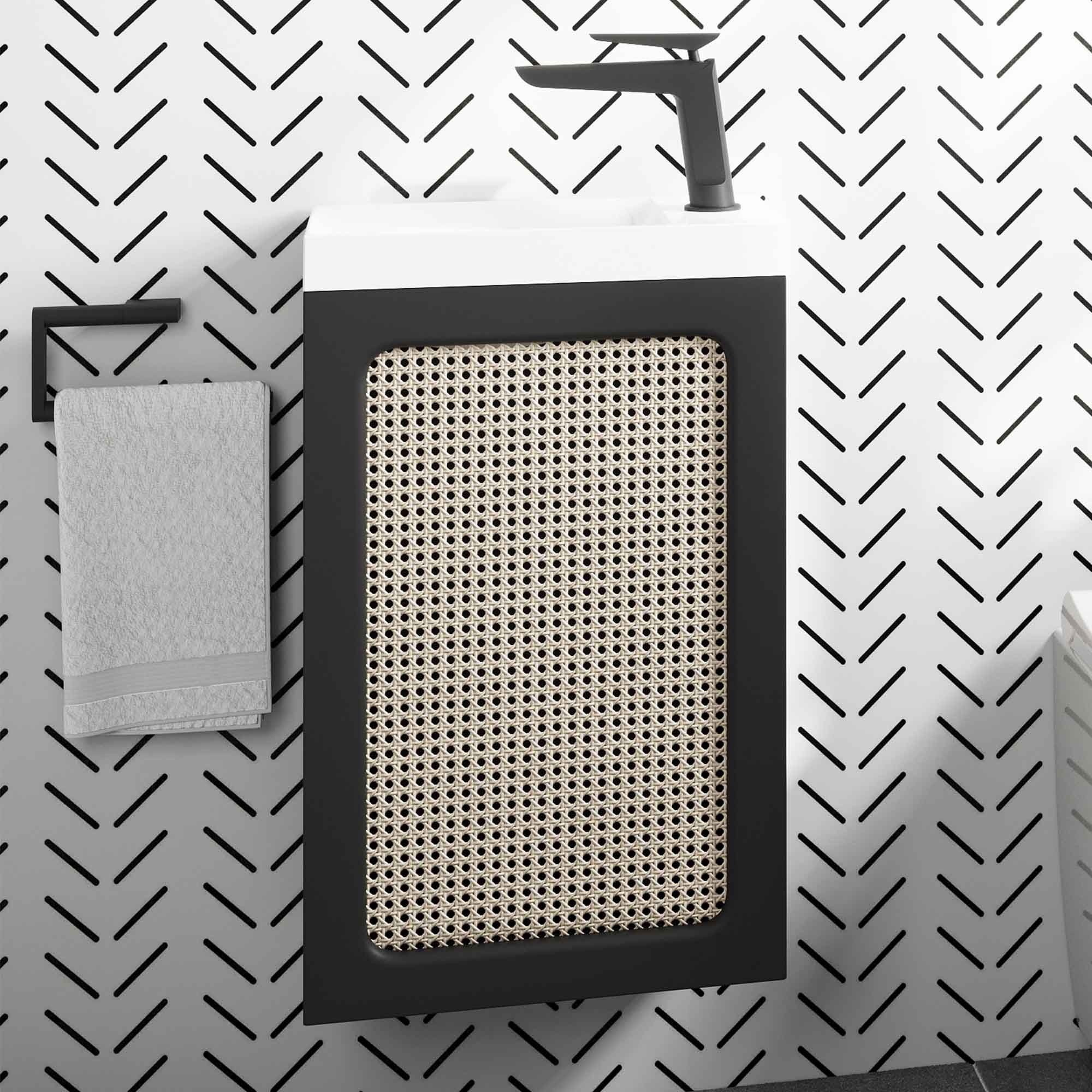 crosswater alo 400 wall mounted cloakroom vanity unit with basin black and rattan