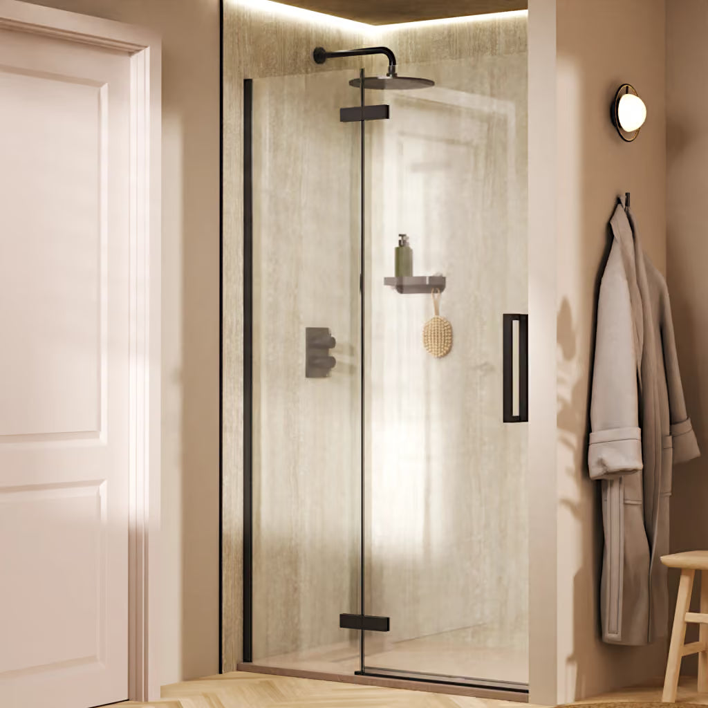 Lifestyle image of the Crosswater Asura hinged shower-door with inline fixed panel in matt black.