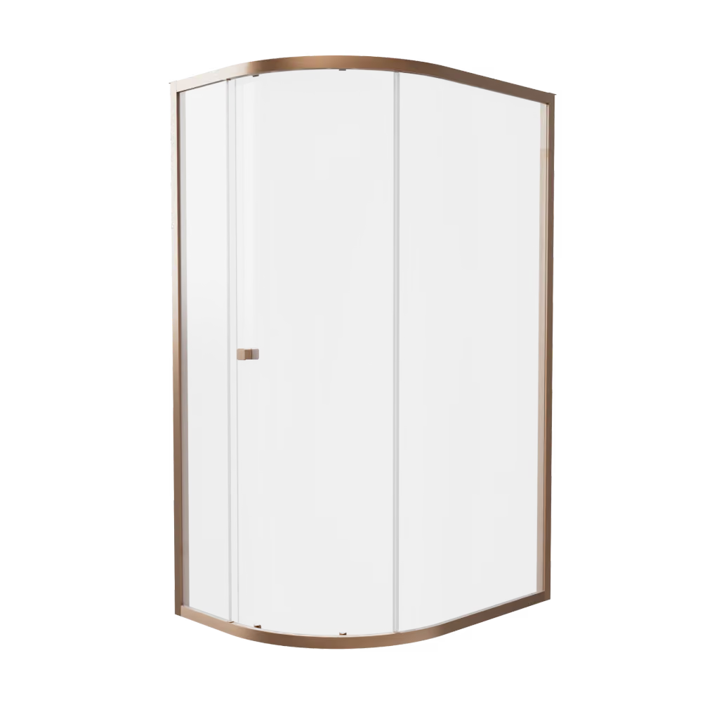 Crosswater Clear 6 shower door offset quadrant enclosure with clear glass panels and a brushed bronze finished frame, supplied by Deluxe Bathrooms.