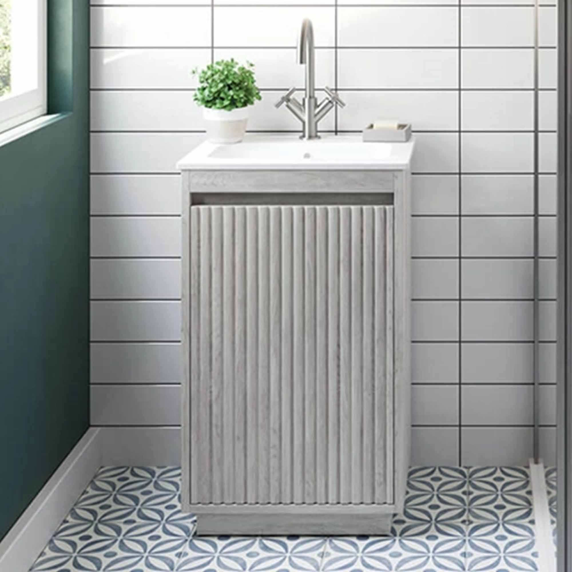 crosswater flute 470mm single drawer floorstanding vanity unit with ceramic basin navarra oak