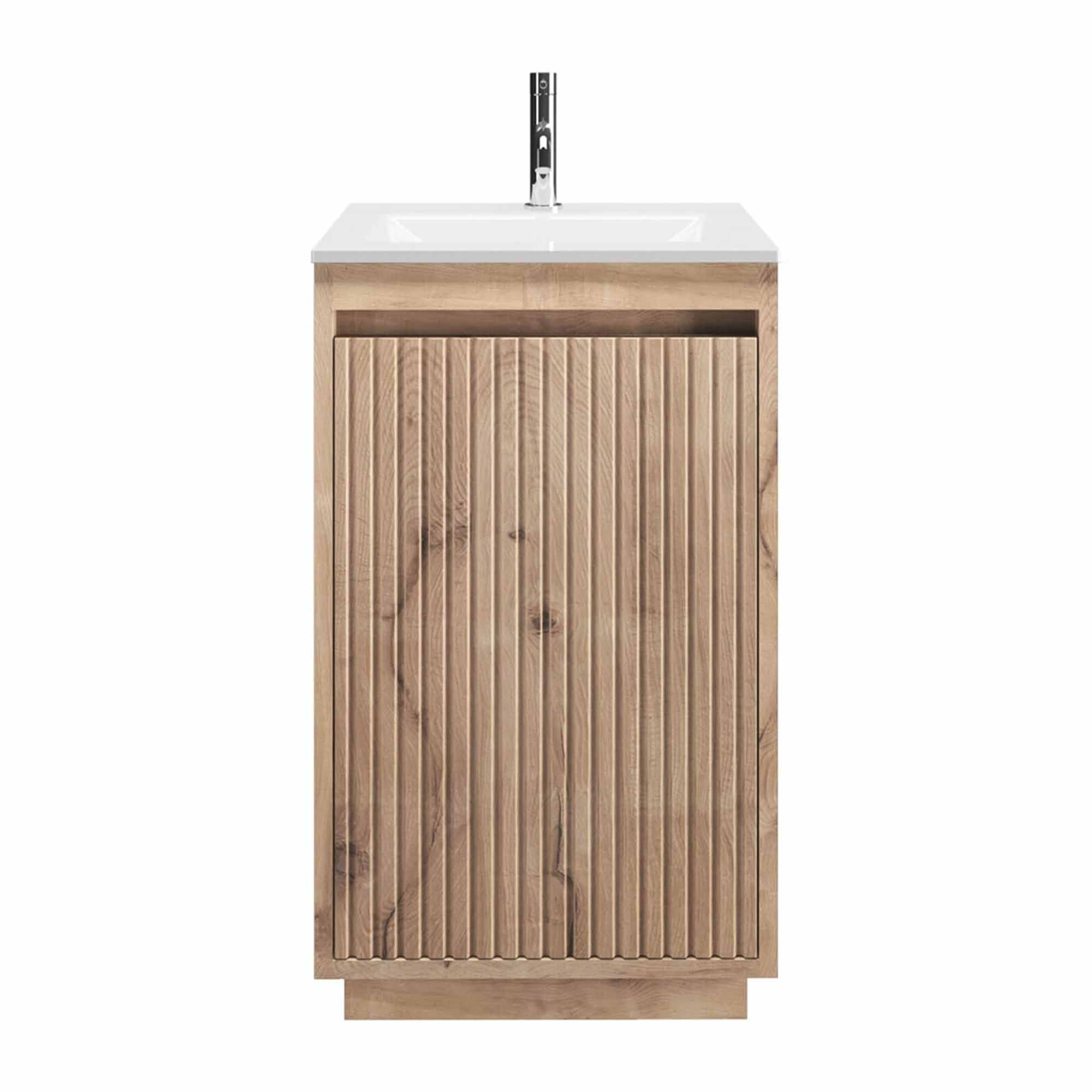 crosswater flute 470mm single drawer floorstanding vanity unit with ice white glass basin windsor oak