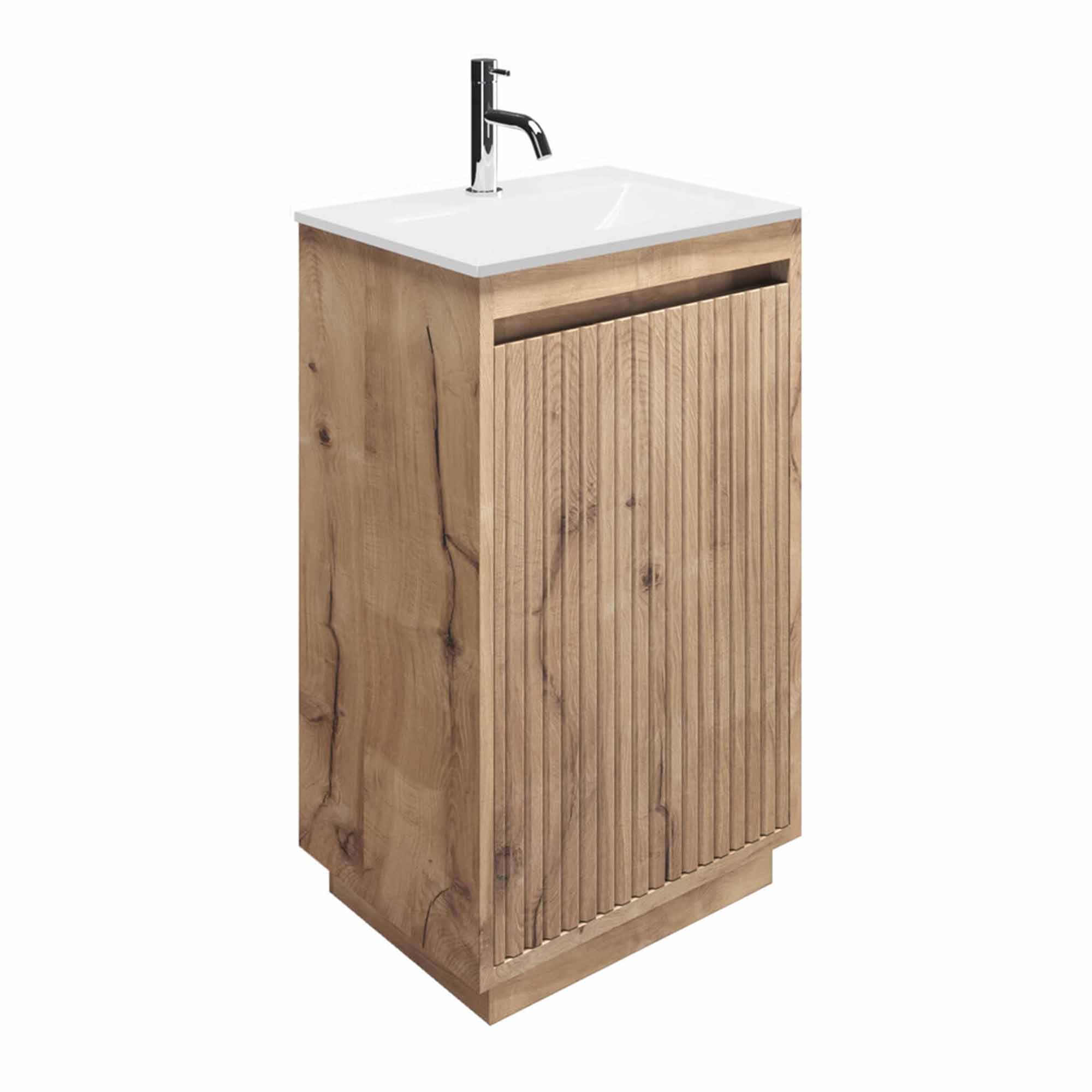 crosswater flute 470mm single drawer floorstanding vanity unit with ice white glass basin windsor oak