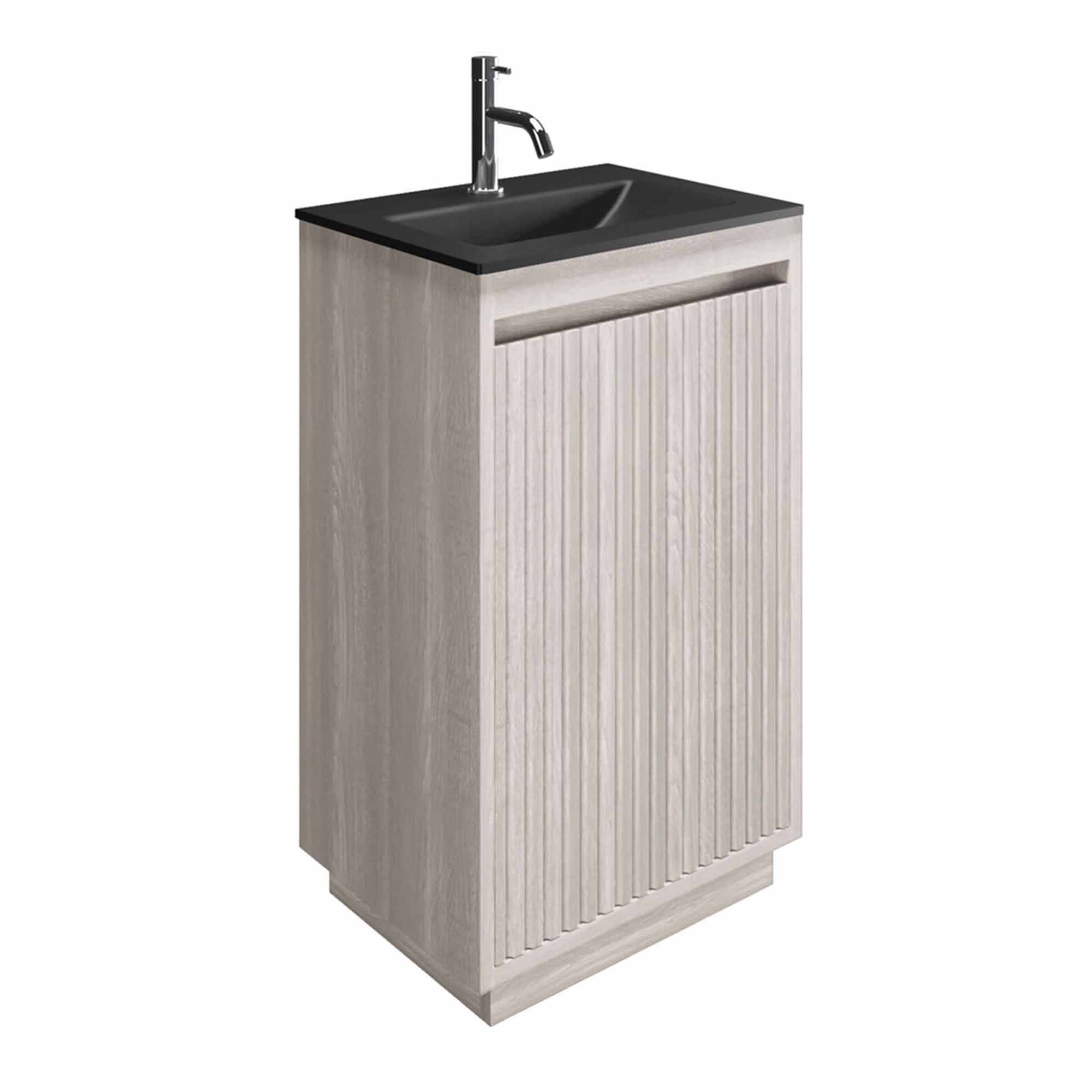 crosswater flute 470mm single drawer floorstanding vanity unit with midnight black glass basin navarra oak