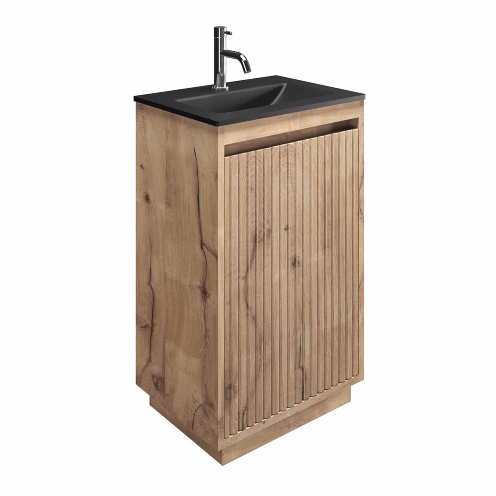 Crosswater Flute Floorstanding Cloakroom Vanity Unit With Midnight Black Glass Basin - Windsor Oak