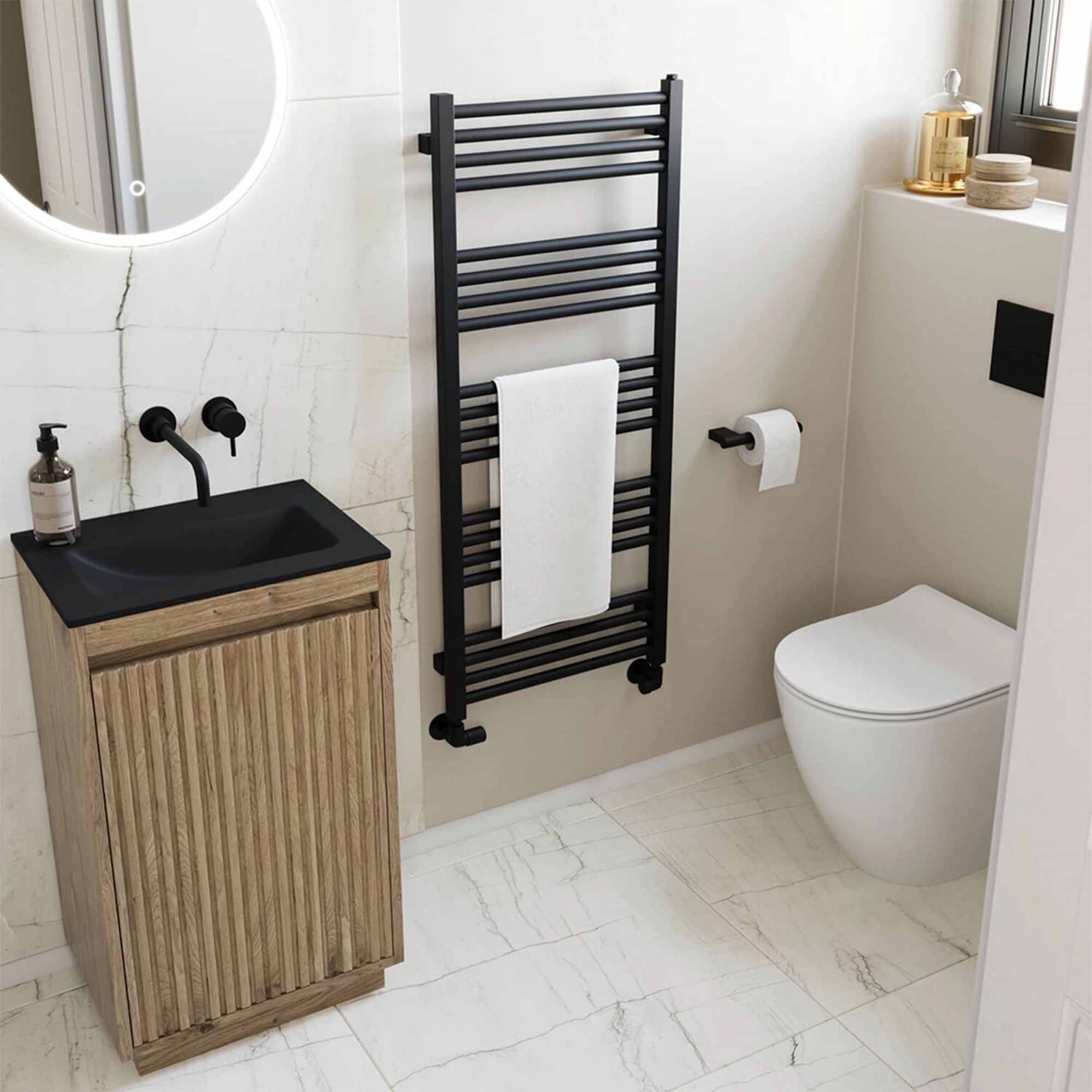 crosswater flute 470mm single drawer floorstanding vanity unit with midnight black glass basin windsor oak