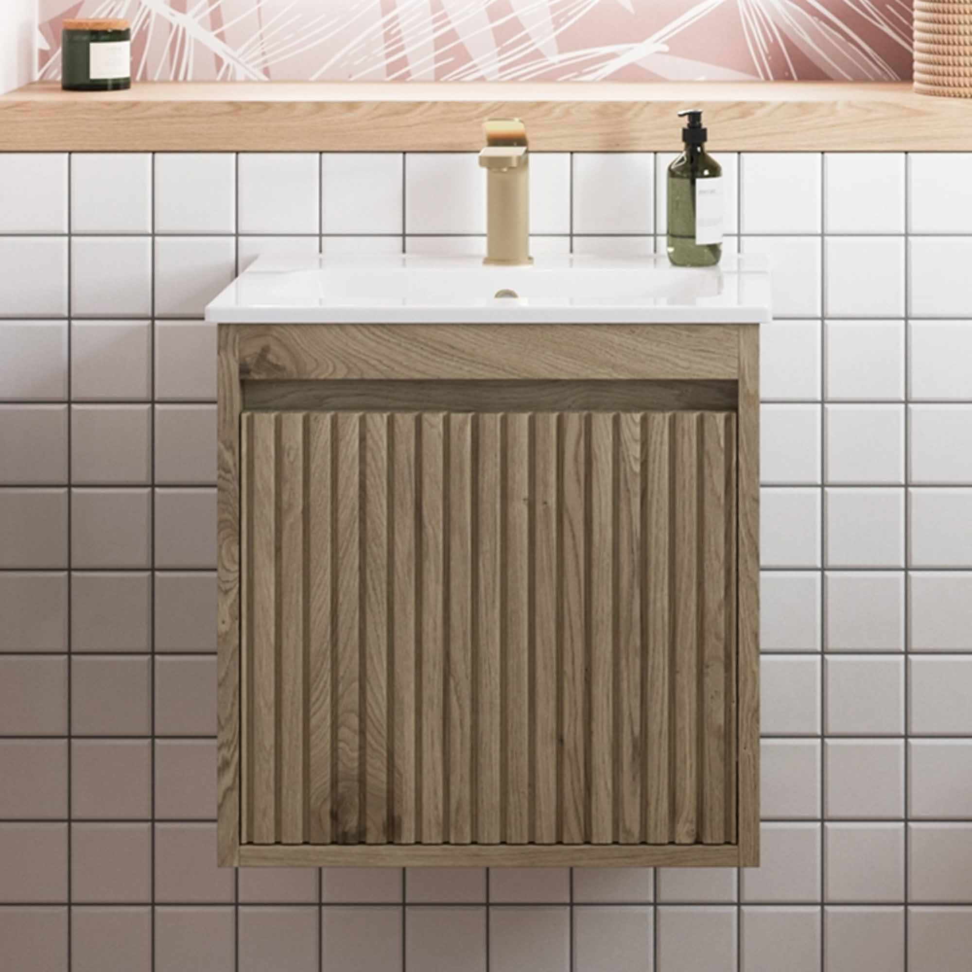 crosswater flute 470mm single drawer wall hung vanity unit with ceramic basin windsor oak