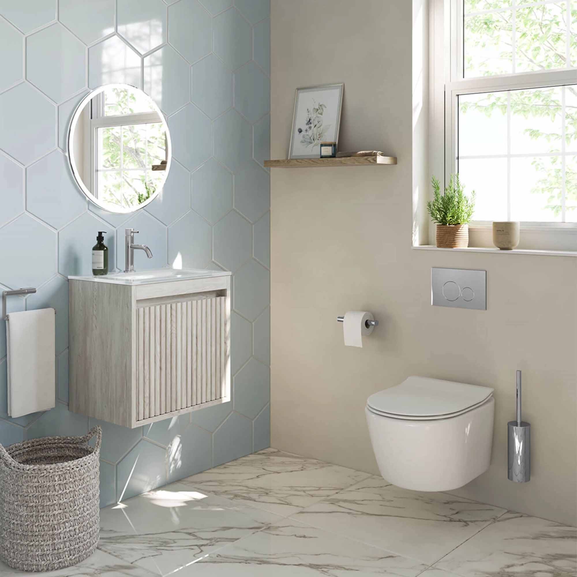 crosswater flute 470mm single drawer wall hung vanity unit with ice white glass basin navarra oak