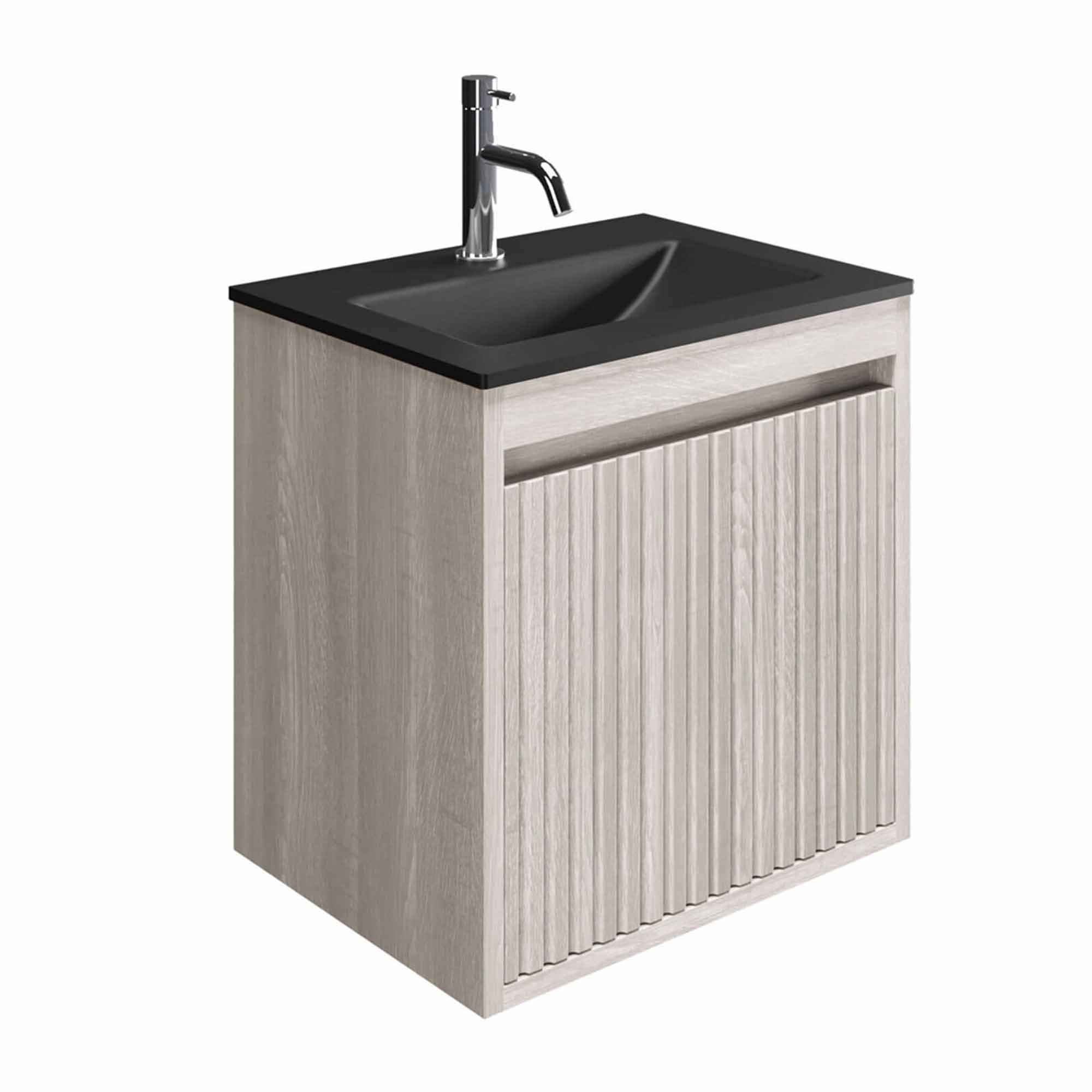 crosswater flute 470mm single drawer wall hung vanity unit with midnight black glass basin navarra oak