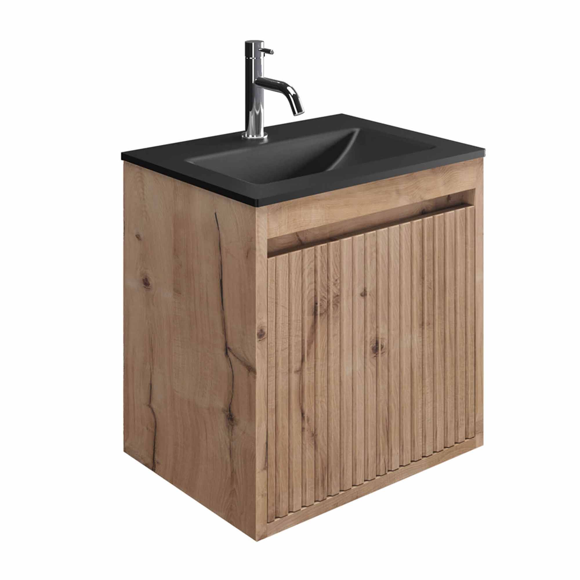 crosswater flute 470mm single drawer wall hung vanity unit with midnight black glass basin windsor oak