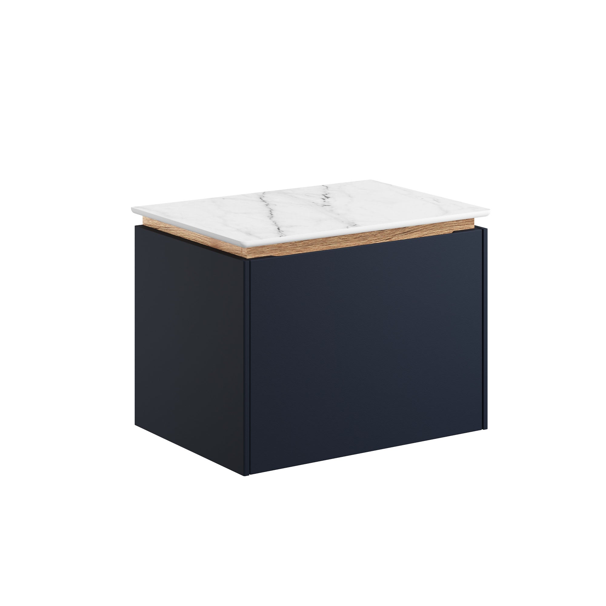 crosswater mada 500 wall mounted vanity unit with carrara marble effect worktop indigo blue