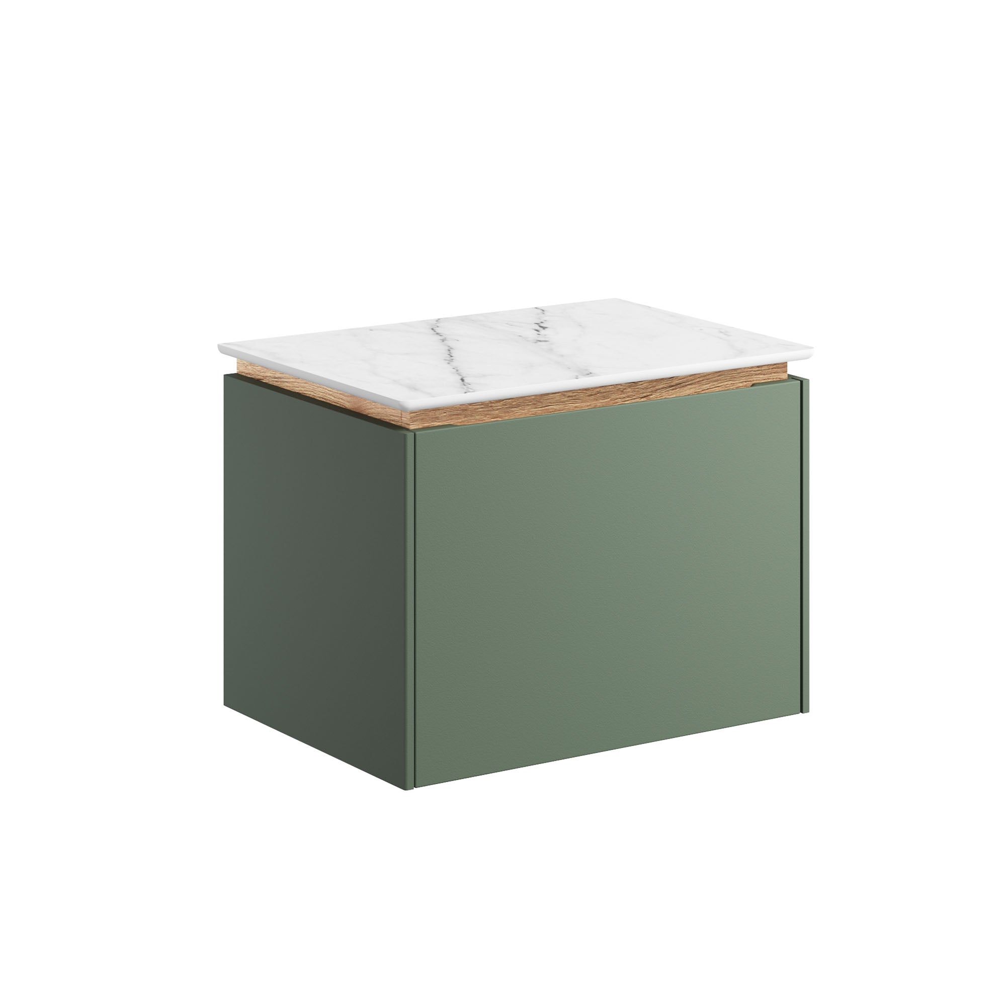 crosswater mada 500 wall mounted vanity unit with carrara marble effect worktop sage green