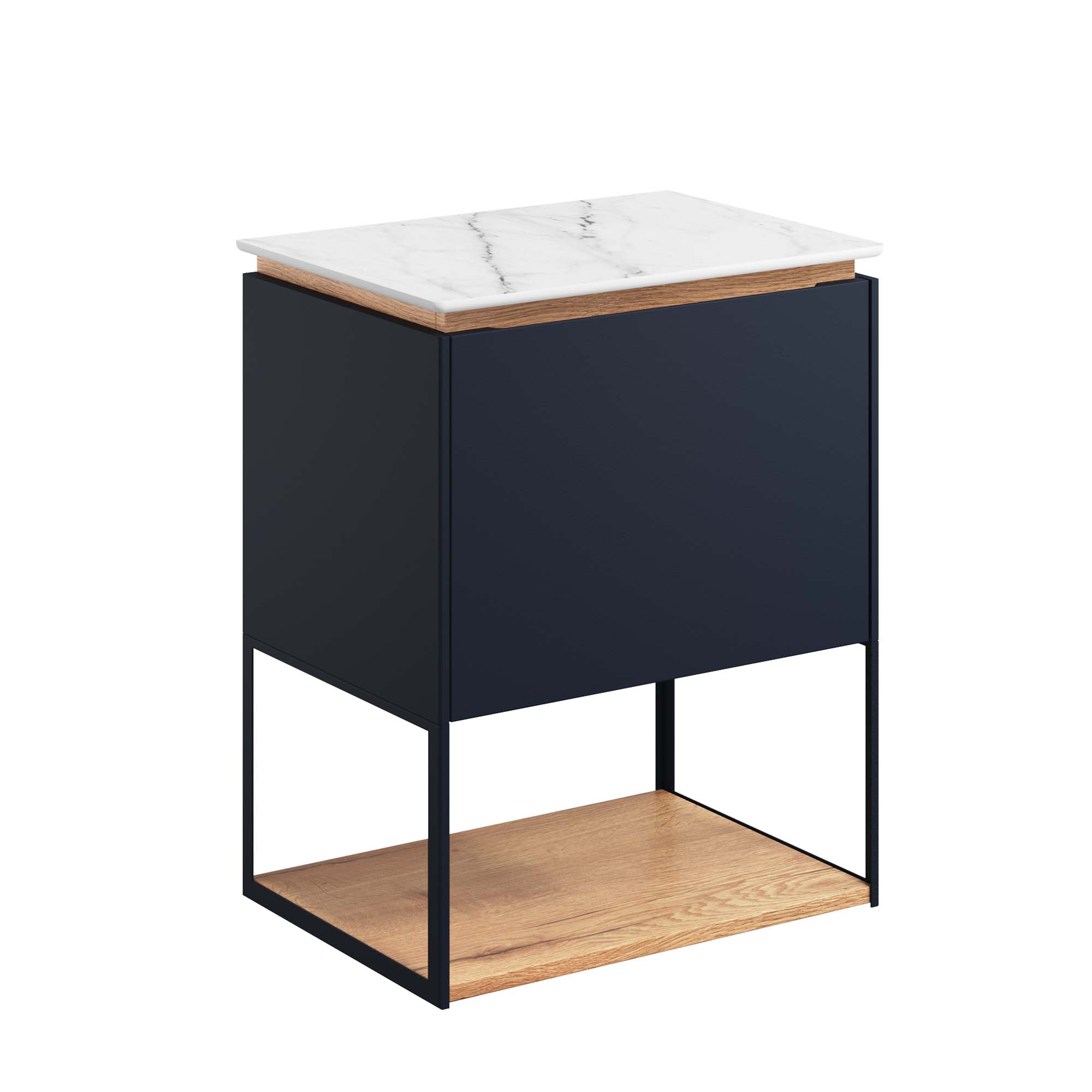 crosswater mada 500 wall mounted vanity unit with carrara marble effect worktop shelf and frame indigo blue