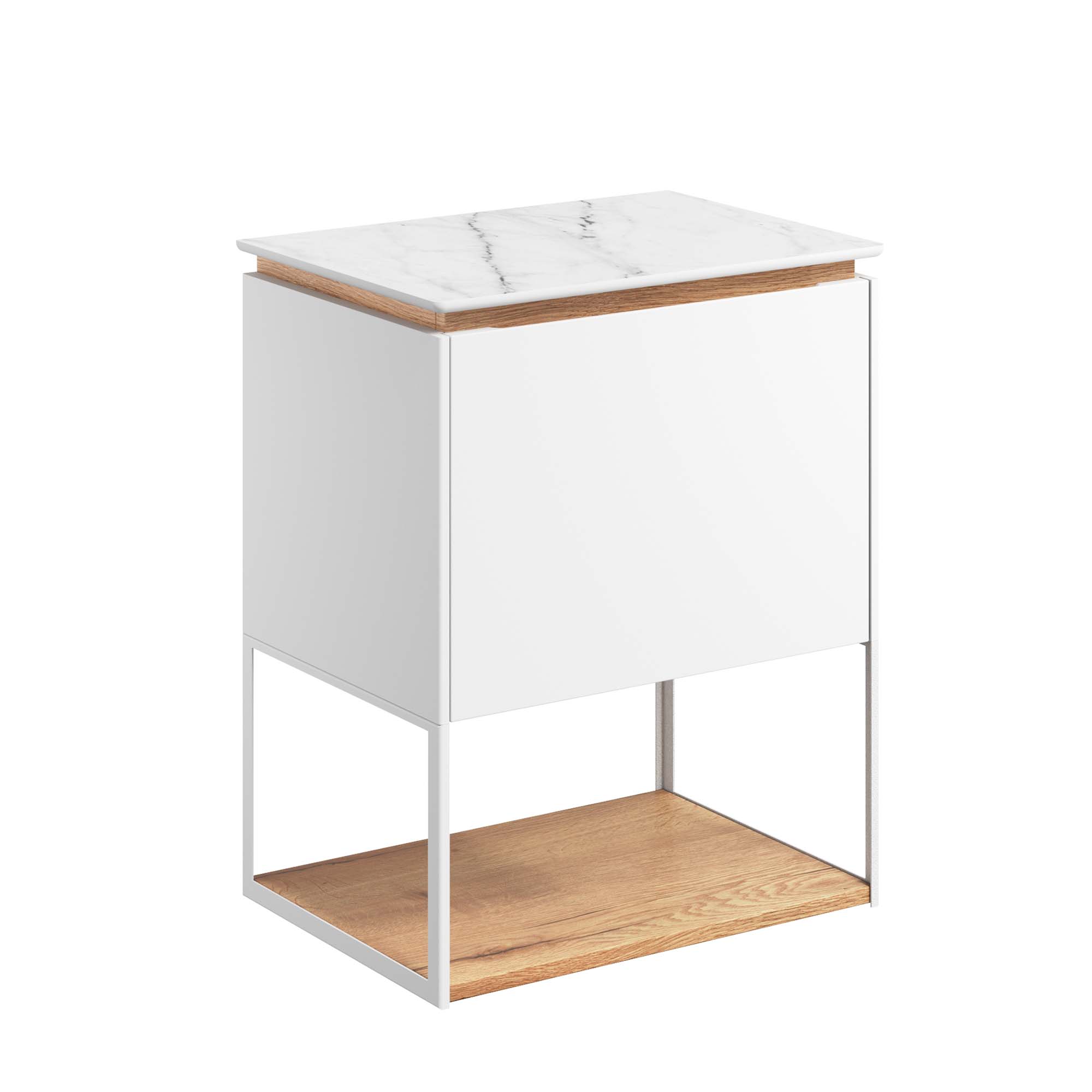 crosswater mada 500 wall mounted vanity unit with carrara marble effect worktop shelf and frame matt white